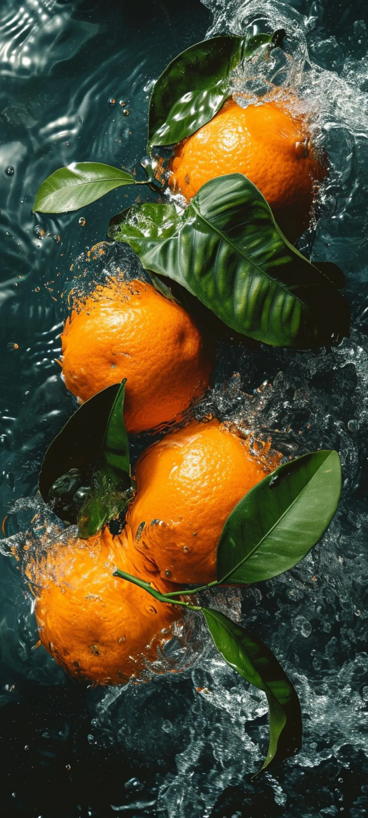 Orange Fruits in Water with Fresh Green Leaves Wallpaper