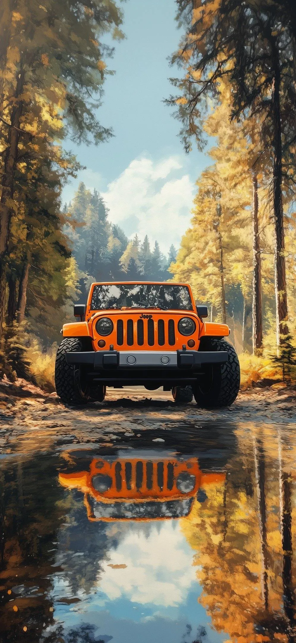 Orange Jeep Reflected in Water on Forest Road Wallpaper