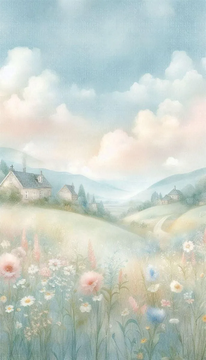 Pastel grassy landscape with clouds and flowers Wallpaper