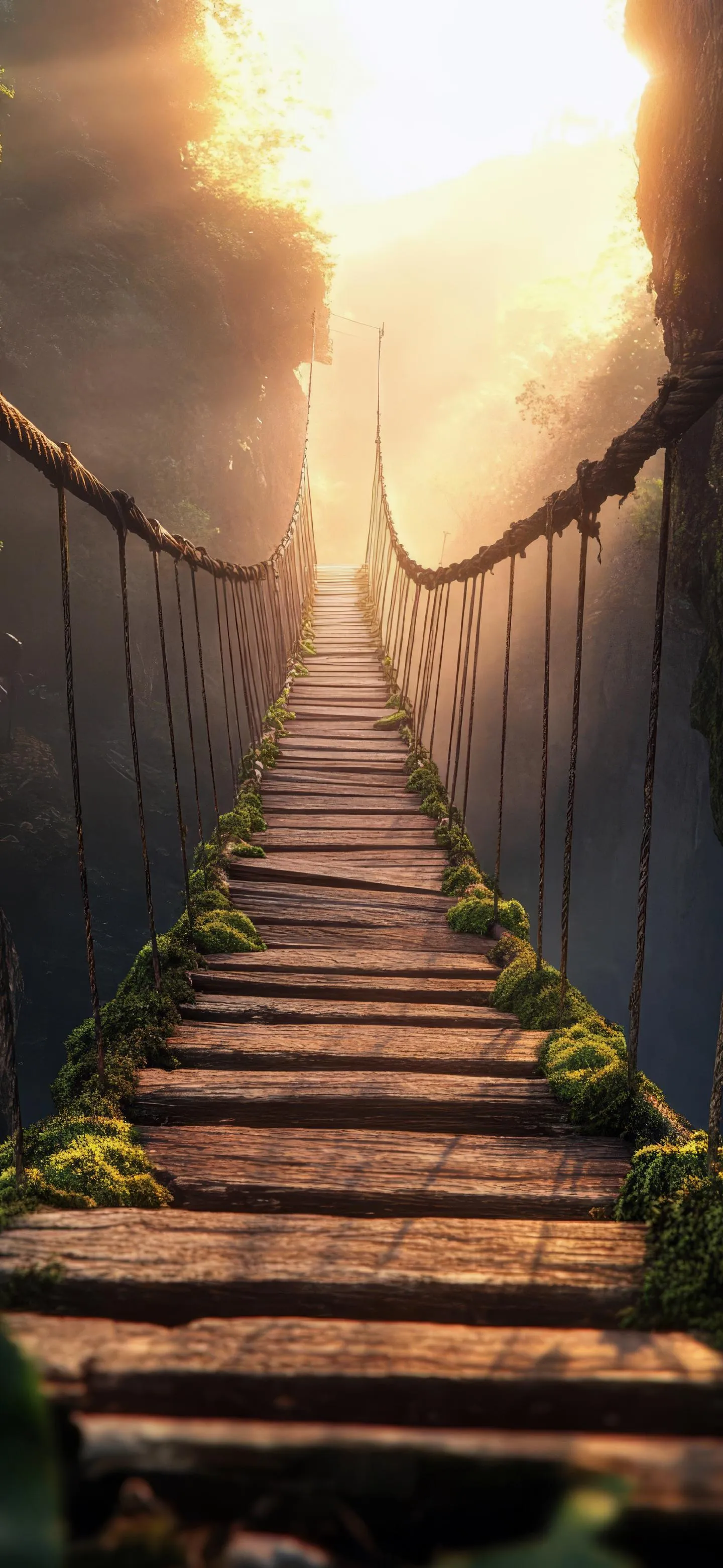 Pathway Leading into the Clouds on Wooden Stairs Wallpaper