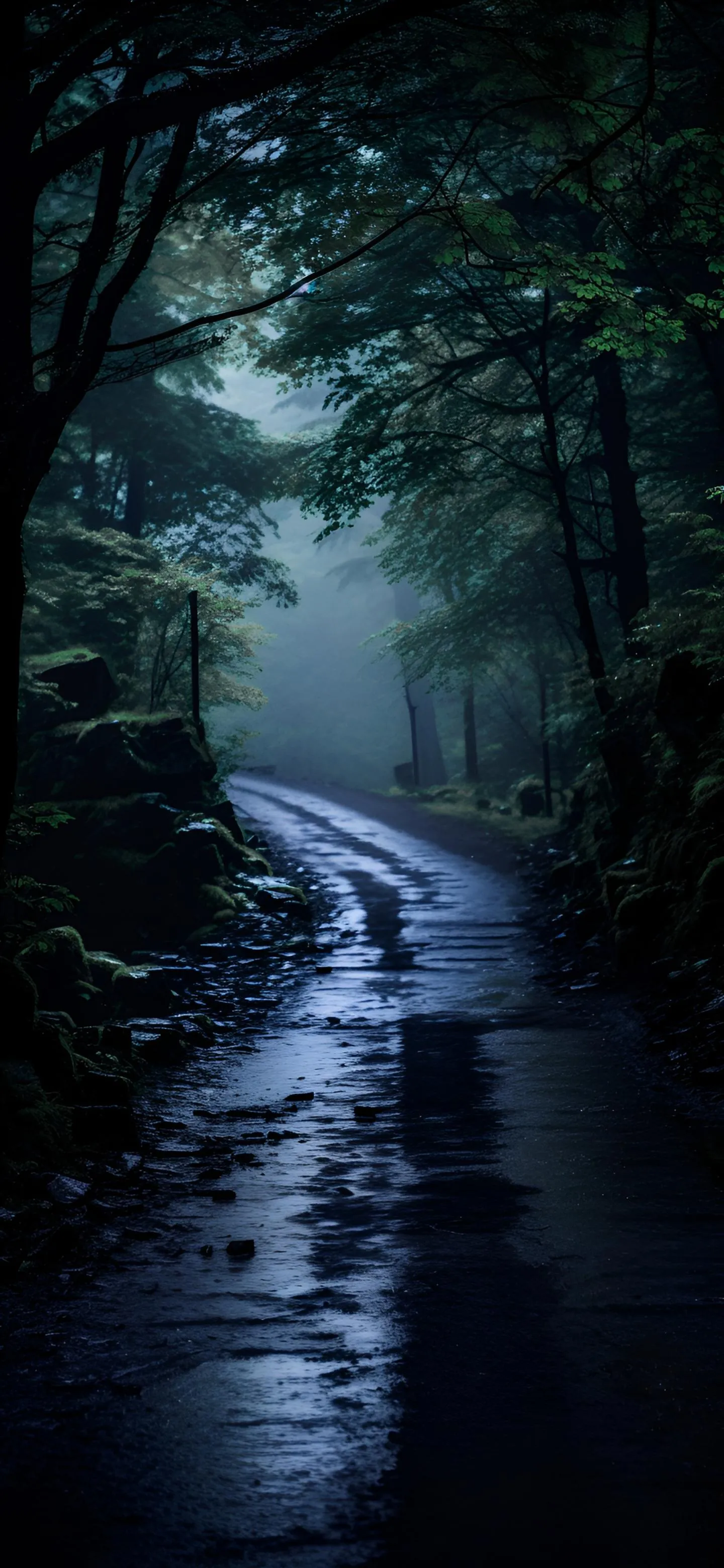 Peaceful Night Walk Through Rainy Forest Path Wallpaper