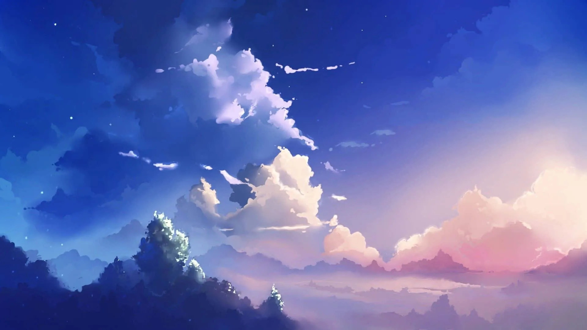 Peaceful sky with soft clouds and mountain view Wallpaper
