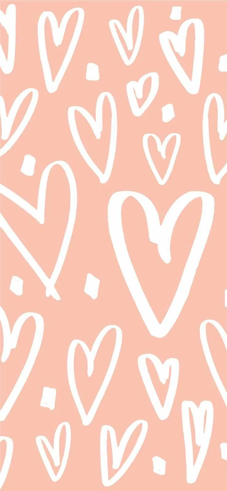 Peach background with doodle style hand drawn white hearts