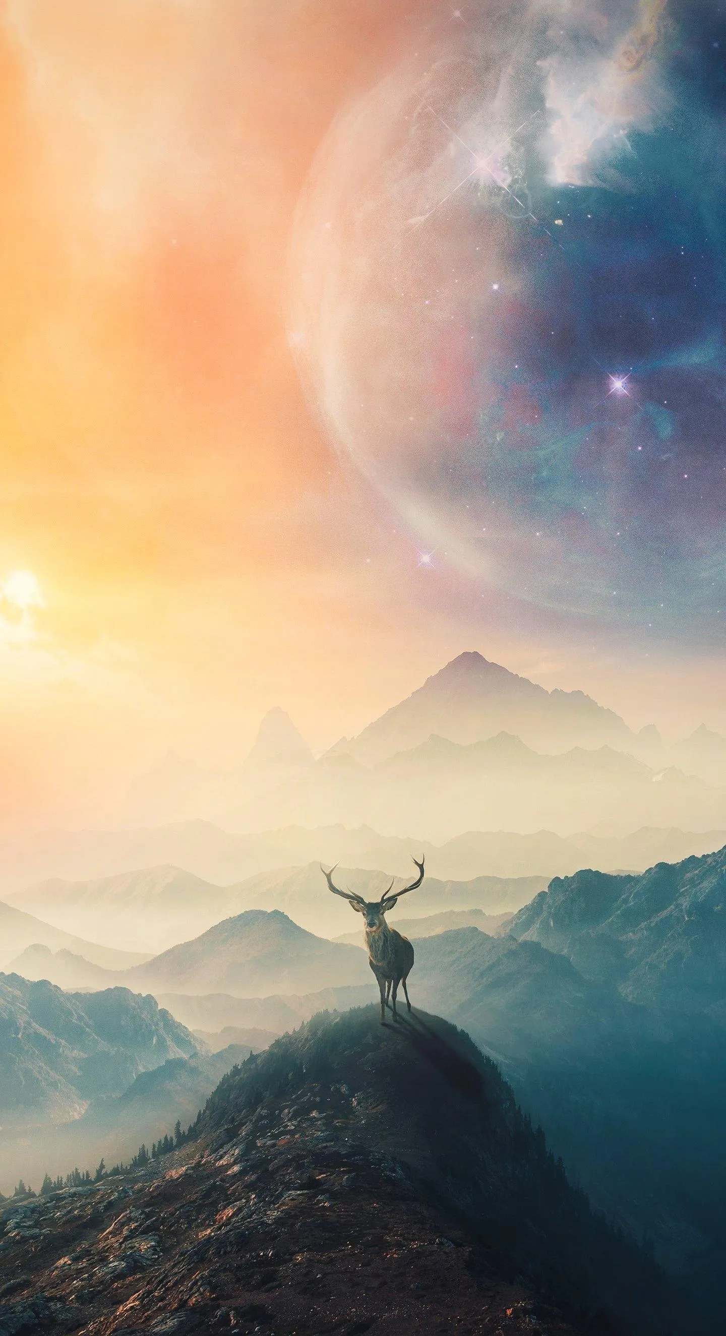 Person Standing on Mountain Cliff Under a Planetary Sky