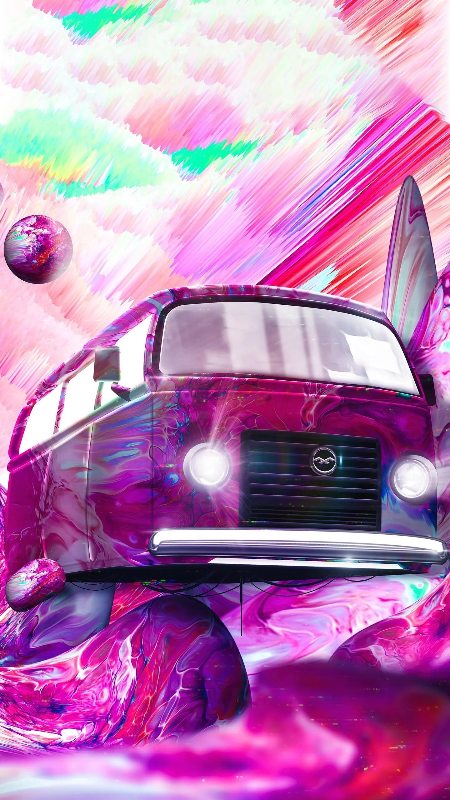 Pink and white van driving on a neon colored road Wallpaper