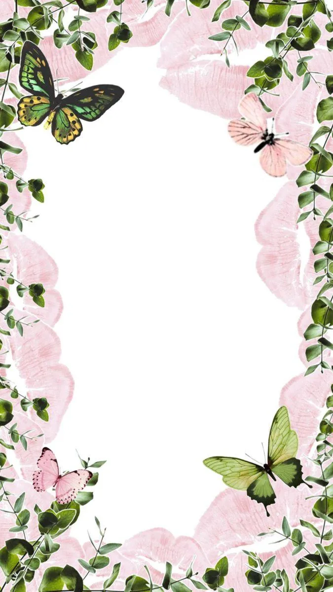 Pink floral frame with butterflies and green leafy border