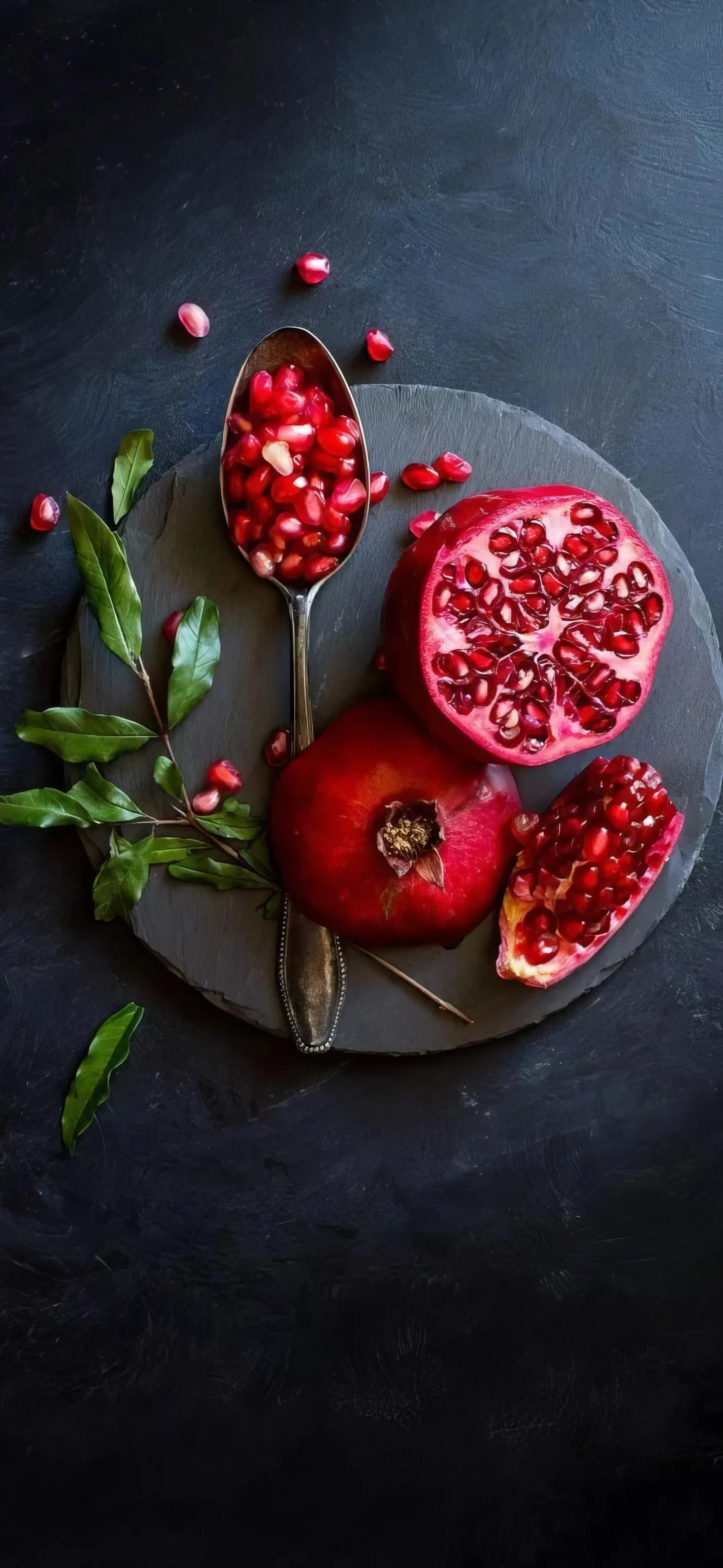 Pomegranate and leaves on Dark Wood Tabletop Wallpaper