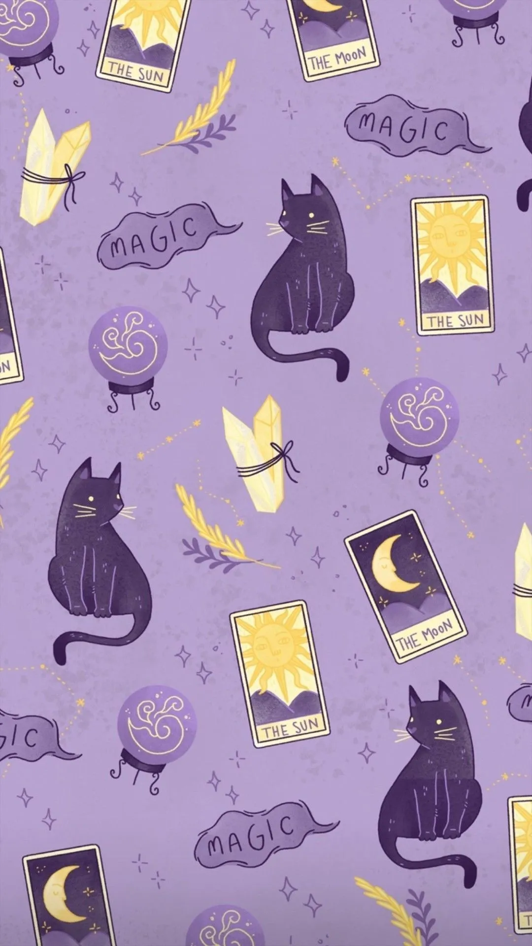 Purple fabric with cute magic cats and mystical symbols