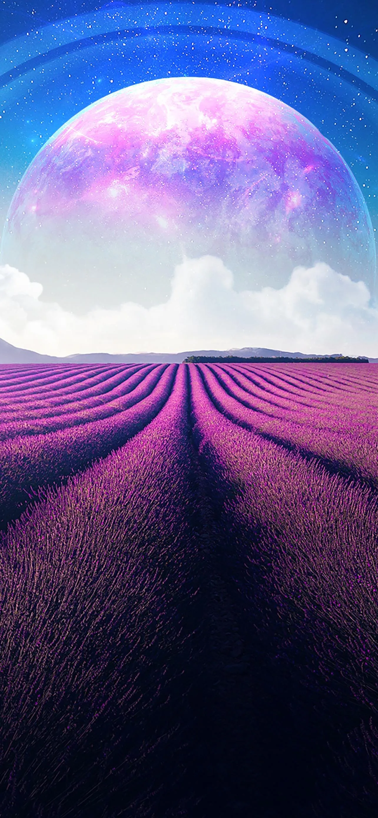 Purple Moon Rising Over Lavender Field Under Starry Night Sky
