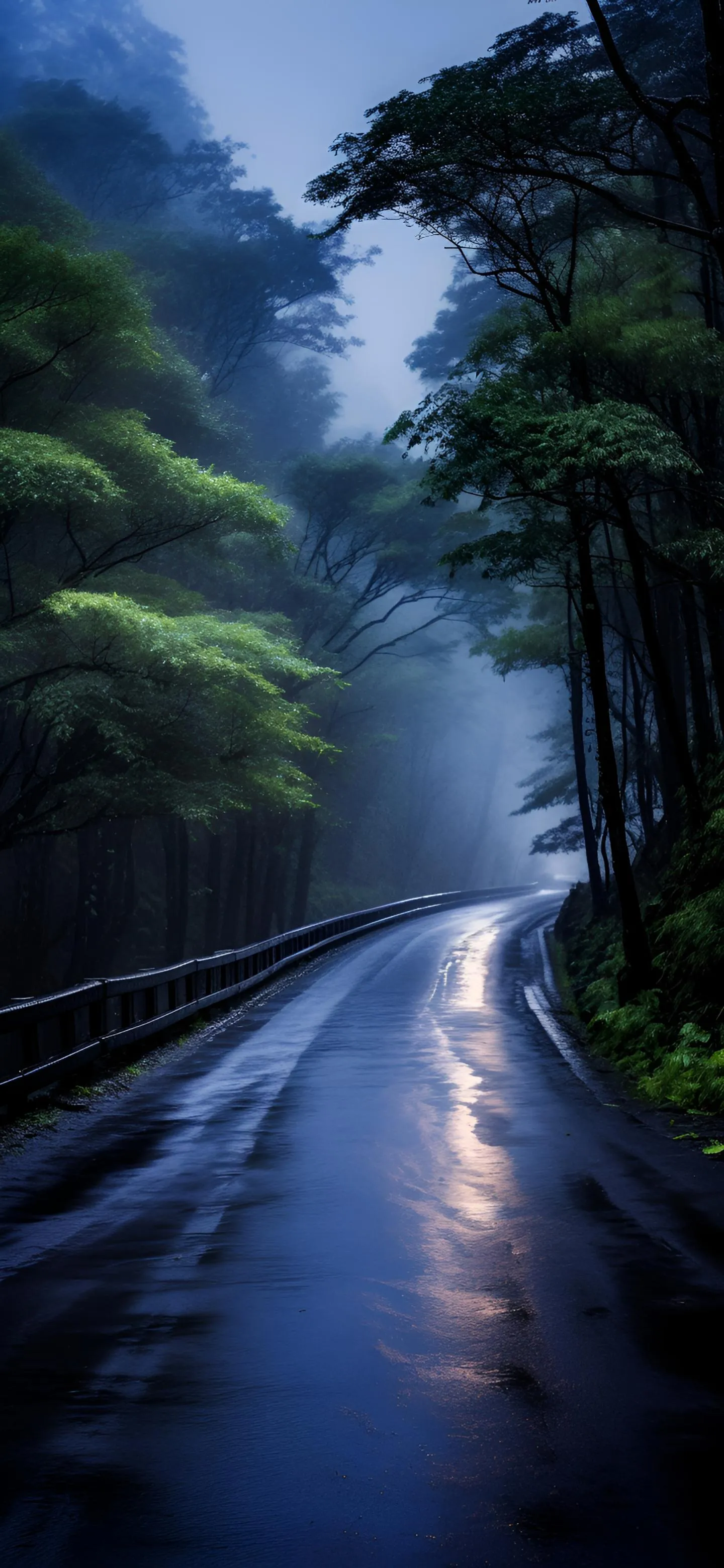 Rainy Jungle Path with Dim Blue Light Shining Wallpaper
