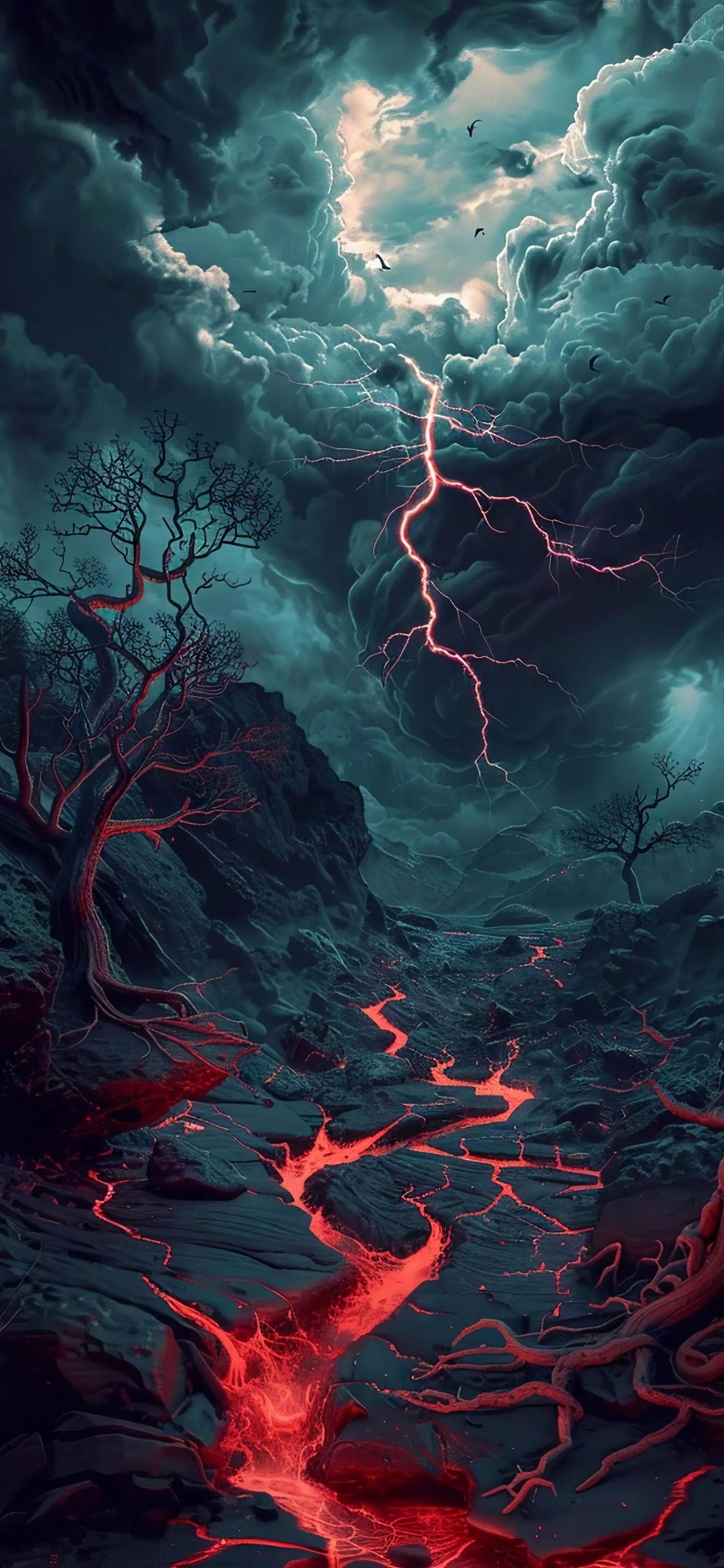 Red and Blue Lightning Strikes in Stormy Ocean Scene