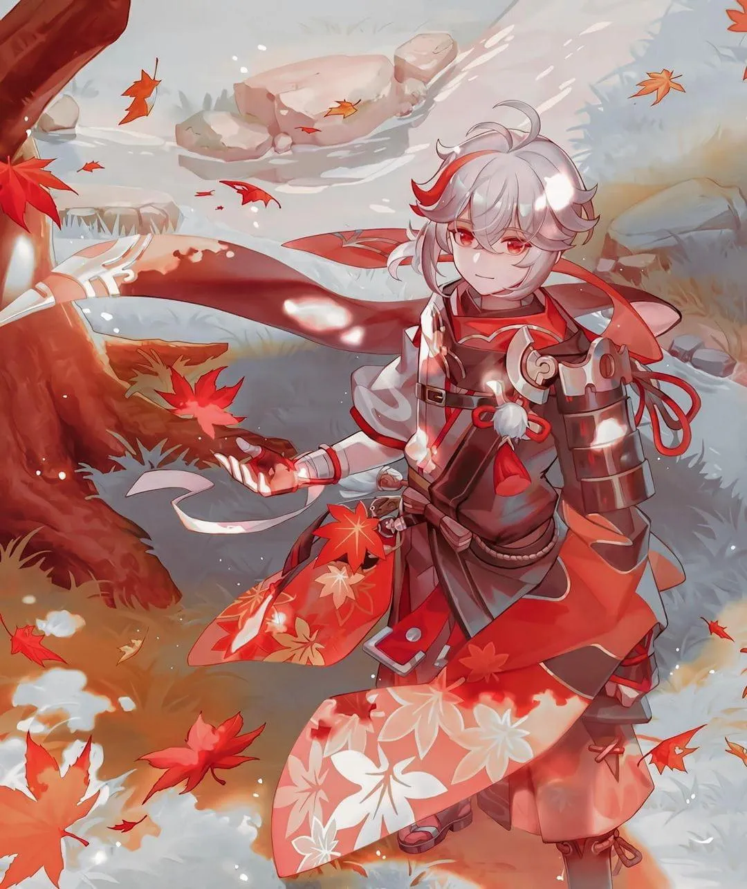 Red Armored Fantasy Warrior in Snowy Dramatic Battlefield