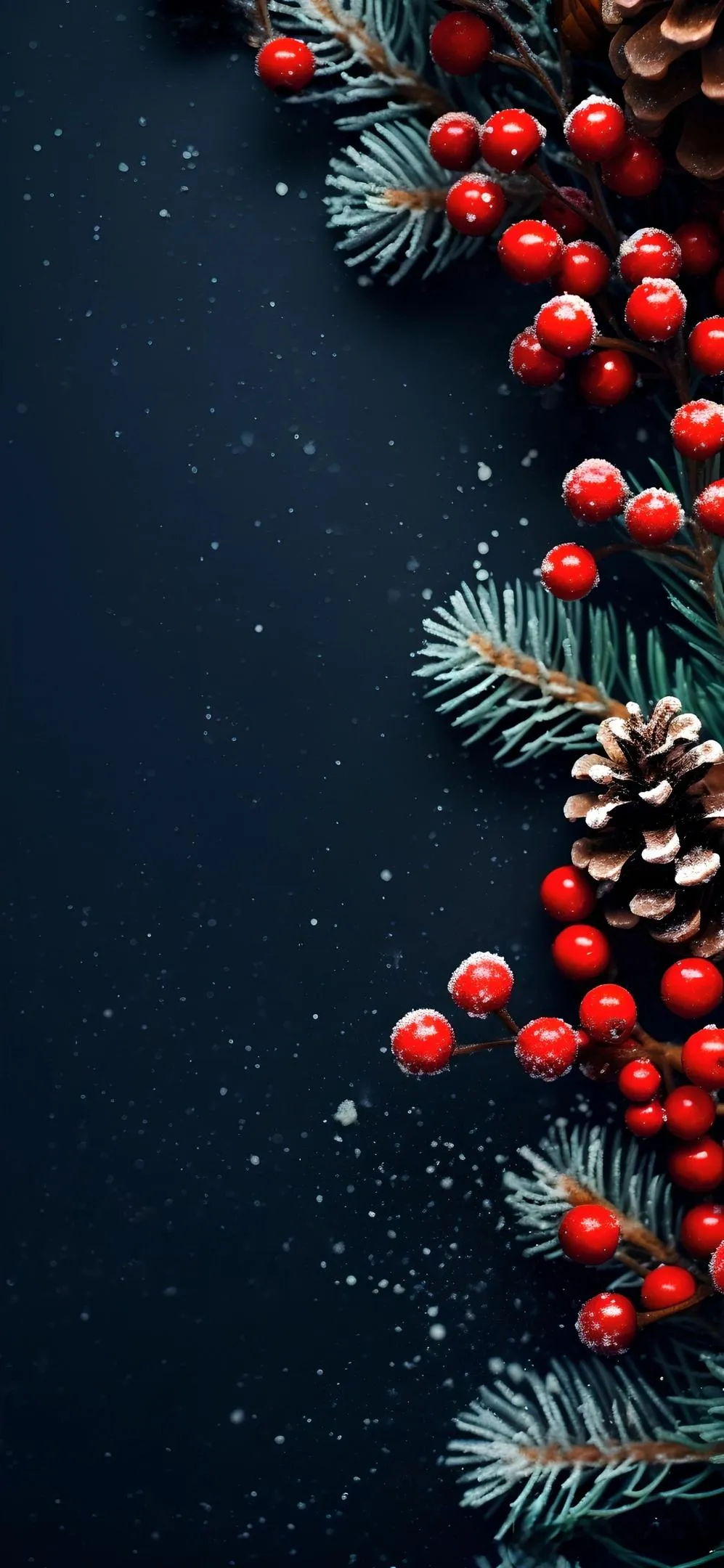 Red Berries Floating in Dark Festive Winter Composition