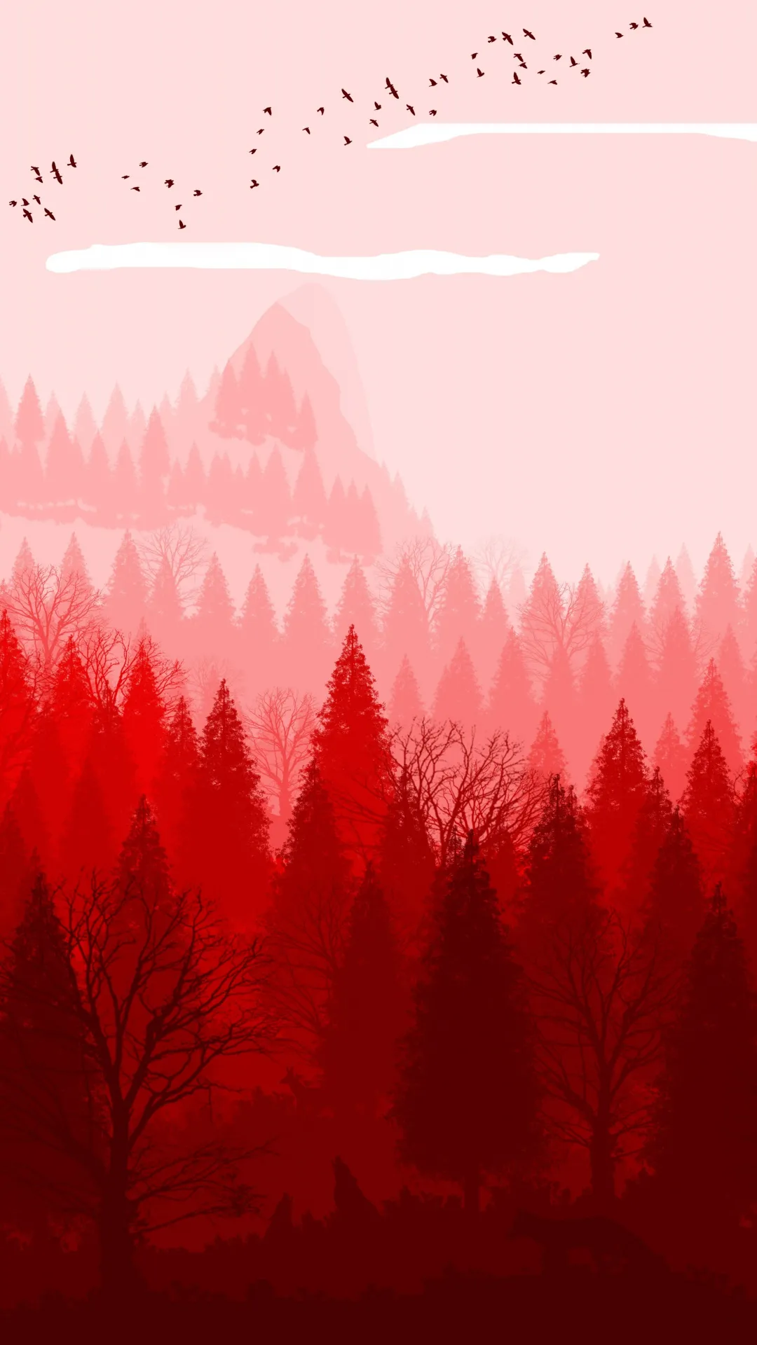 Red Forest Landscape with Pink Sky and Peaceful Mood