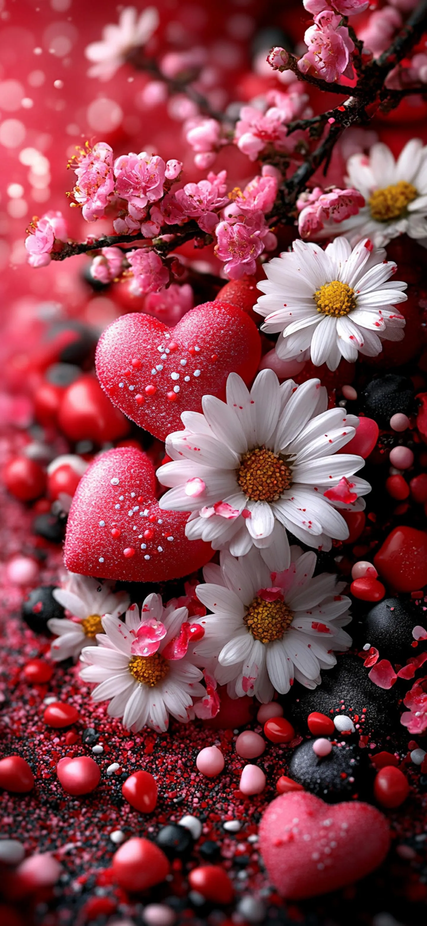 Red hearts and White Daisies on Floral Romantic Background