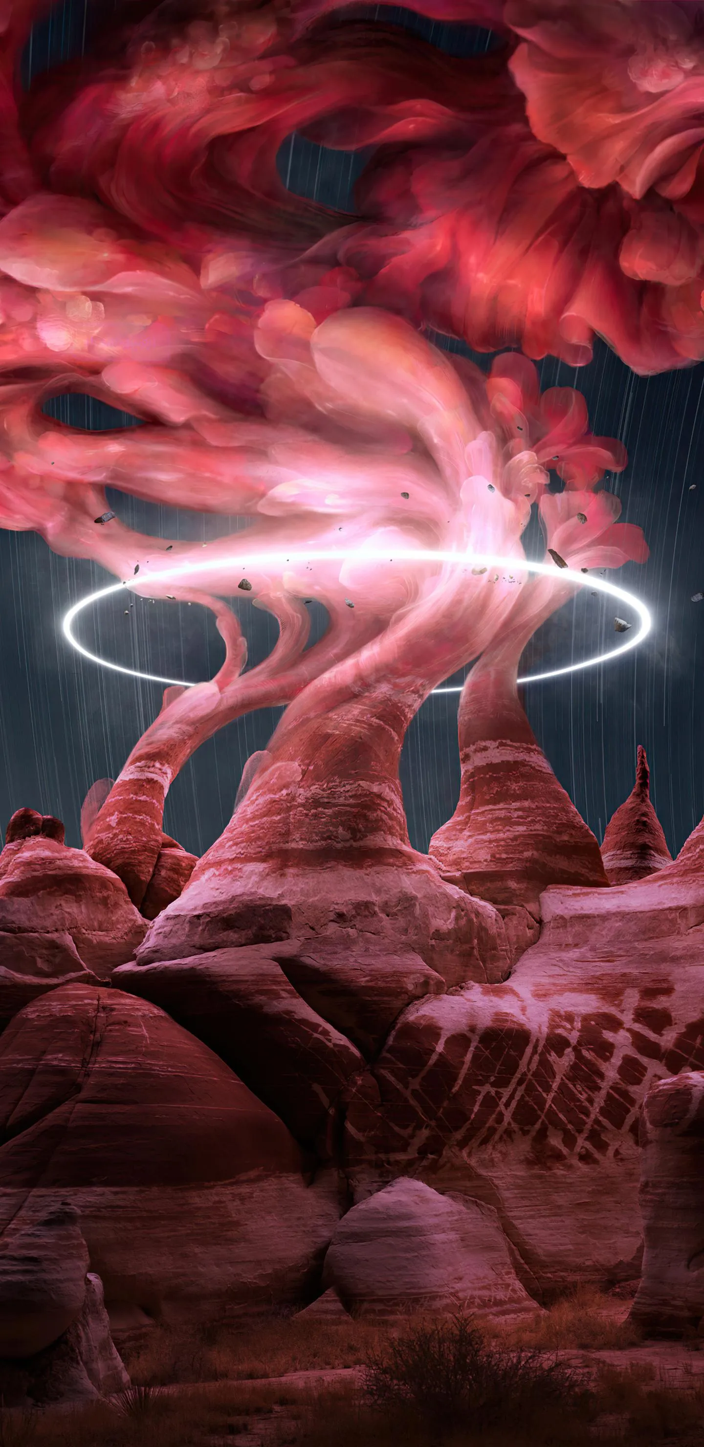 Red Lightning Over Rocky Ground in Fantasy Style Wallpaper