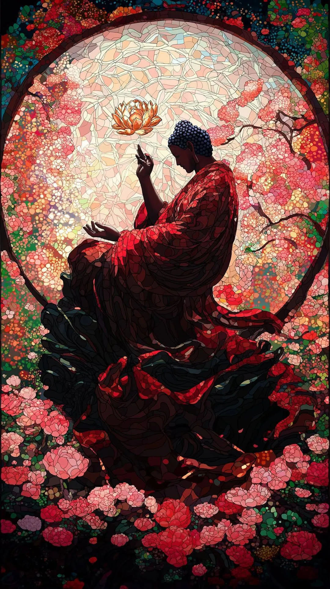 Red moon and silhouette art in floral Japanese style