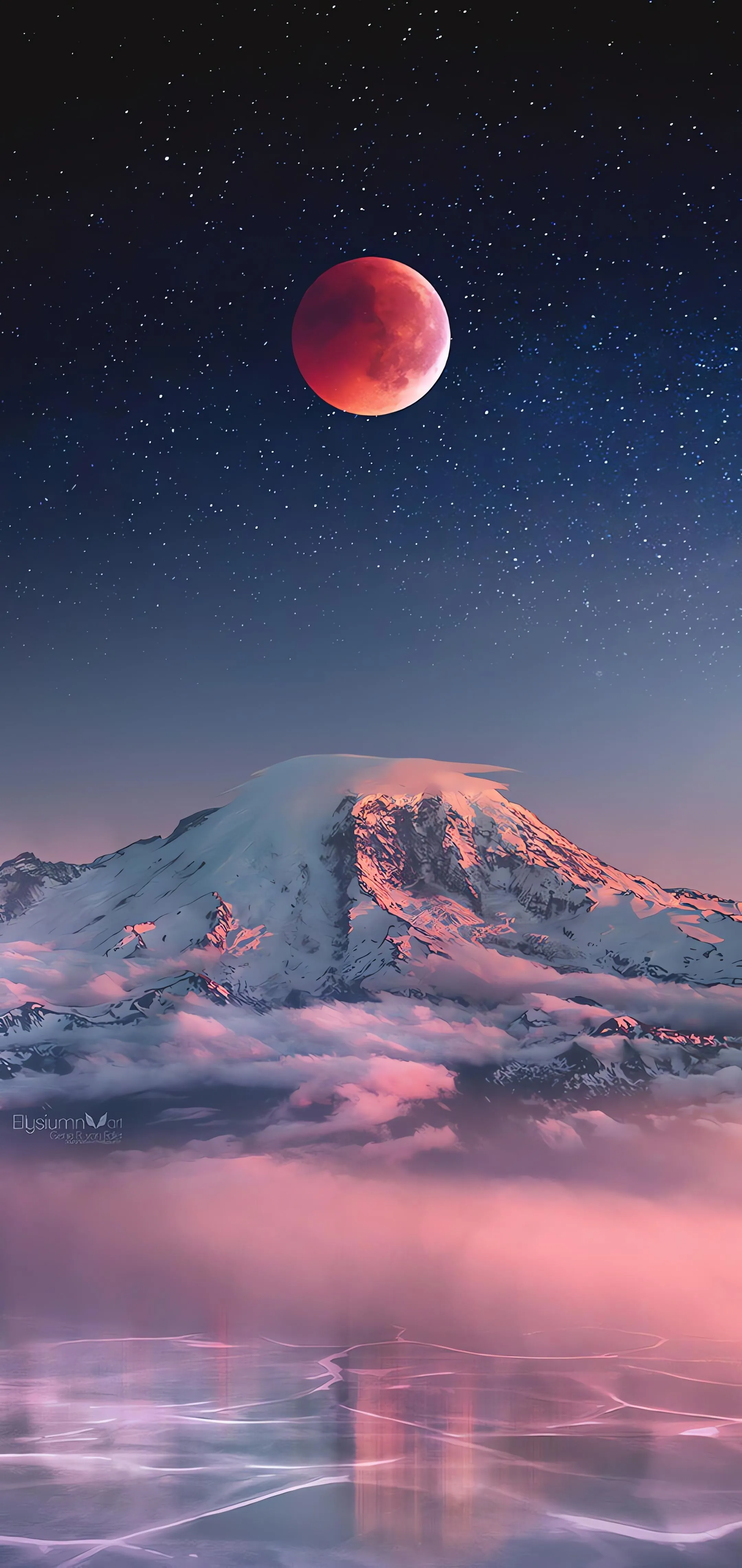 Red Planet Over Calm Water and Pink Mountain Horizon