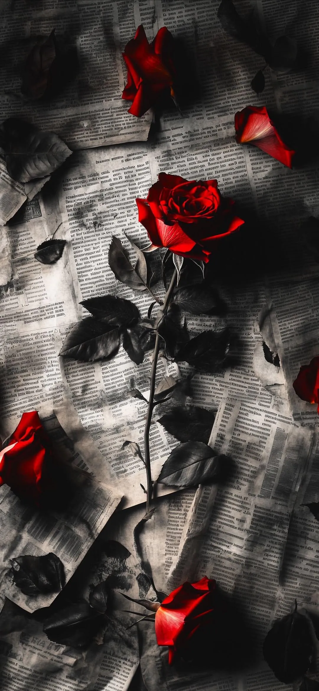 Red roses scattered on old newspapers with dark leaves