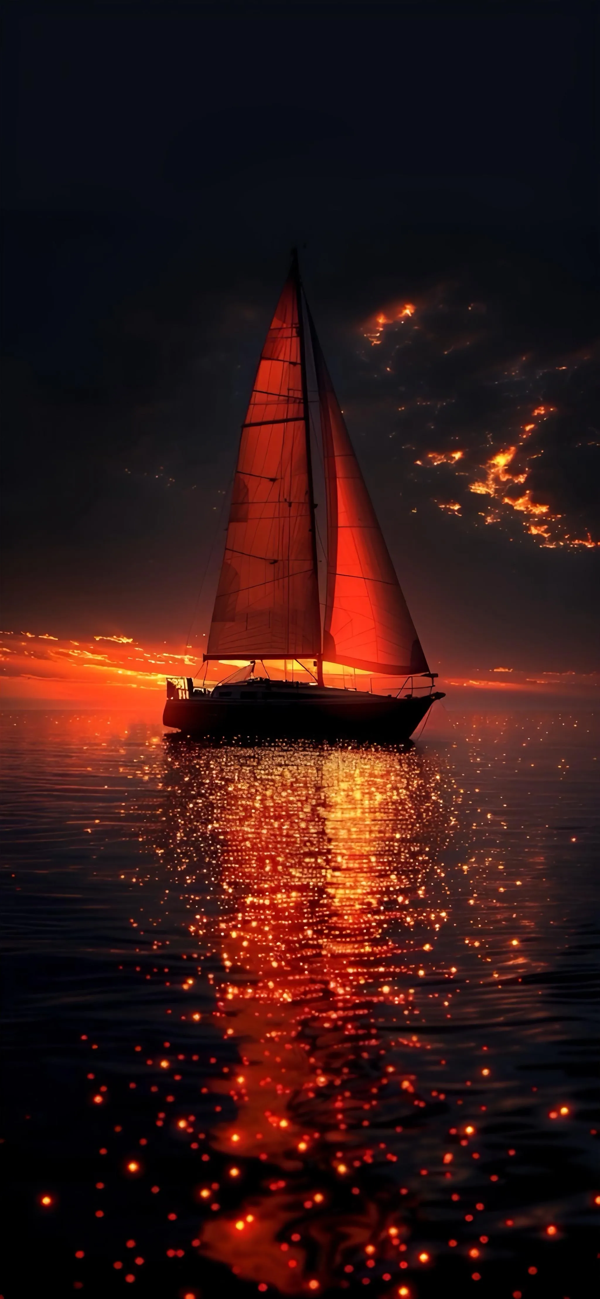 Red Sailboat Silhouette on Calm Ocean During Sunset