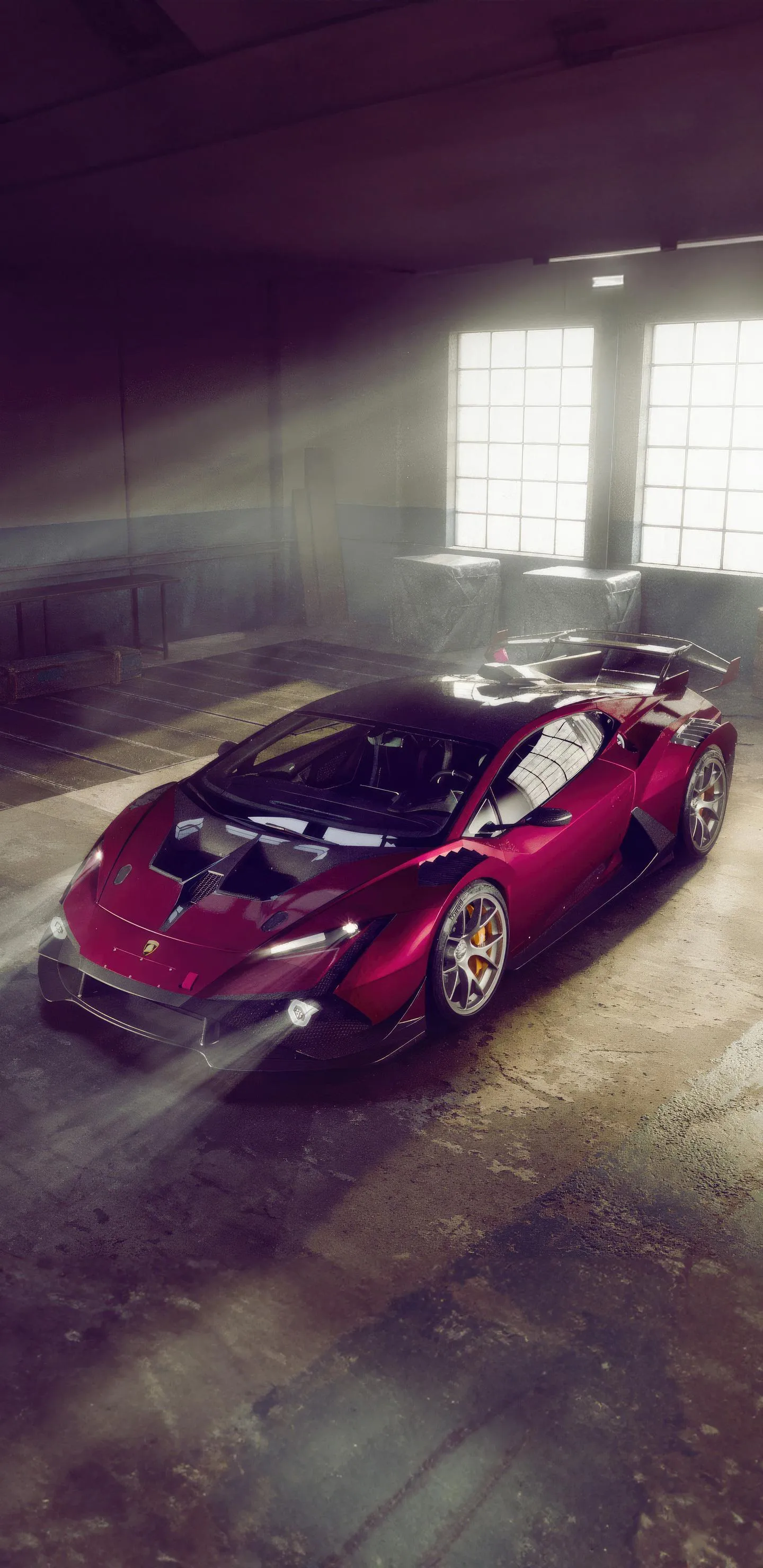 Red Sports Car Parked in Sunlit Industrial Garage Wallpaper