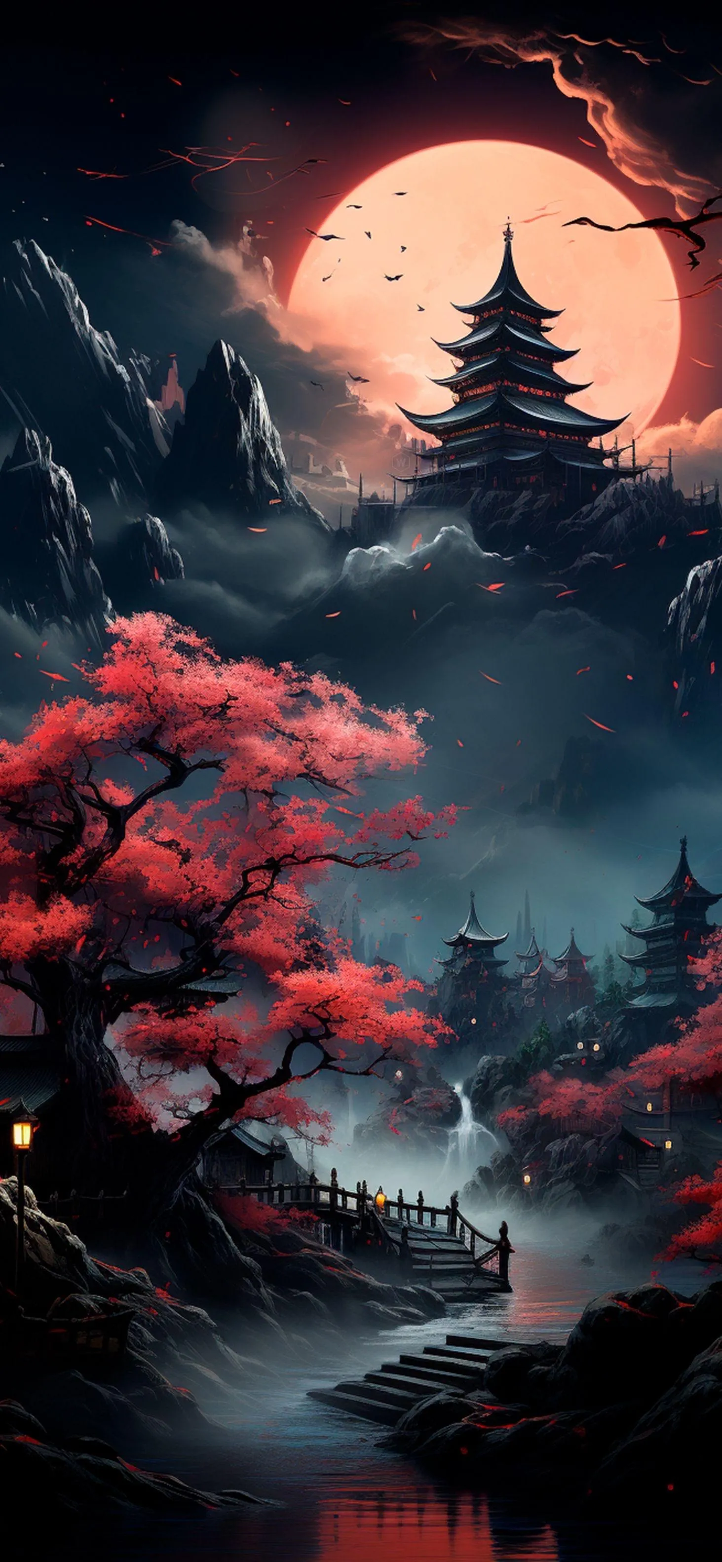 Red Tree Forest with Full Moon in Dark Fantasy Style