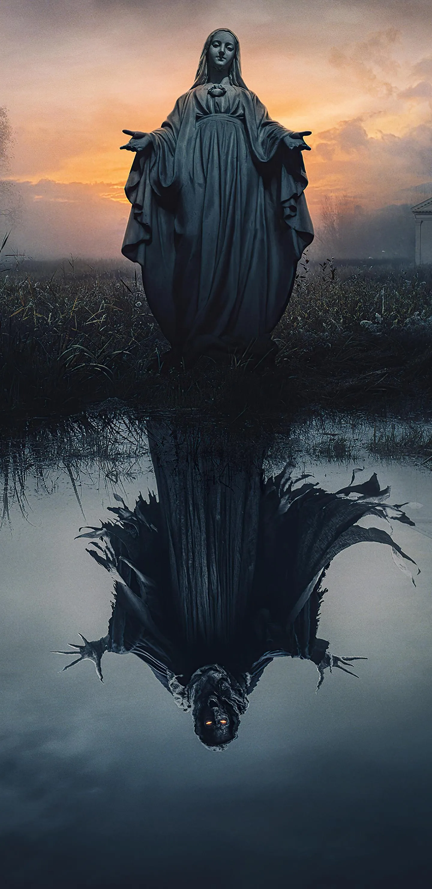 Reflective Dark Mary Statue Silhouette with Moody Background