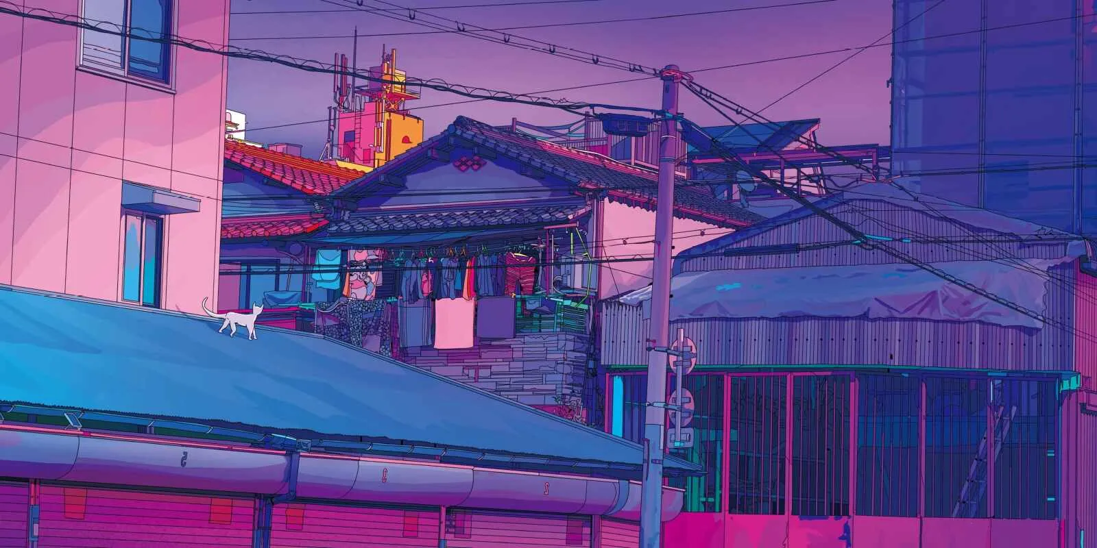 Retro neon cityscape with rooftops in dusk lighting 4k image