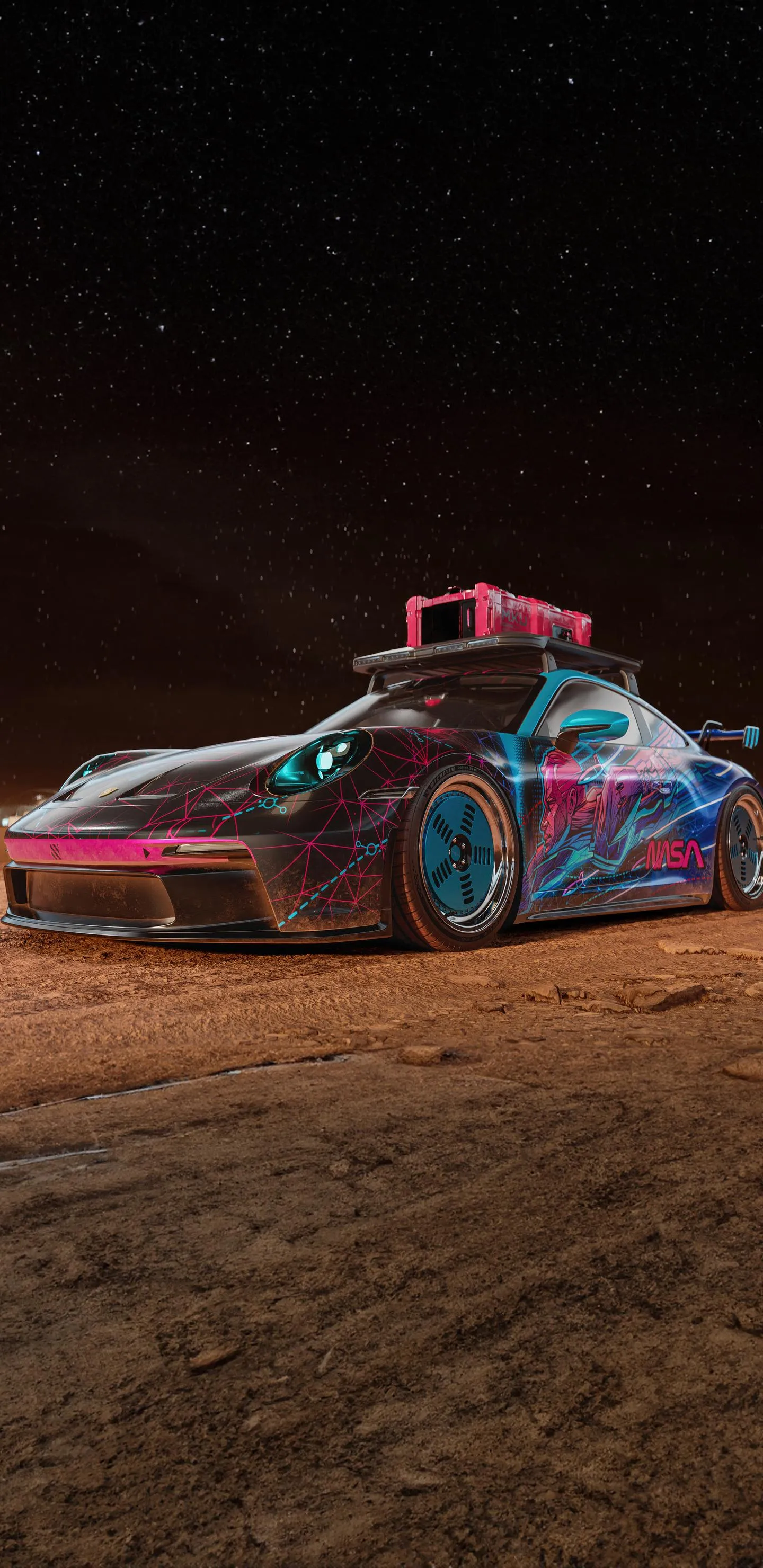 Retro Racing Car Driving on Dirt Road in Dusty Environment