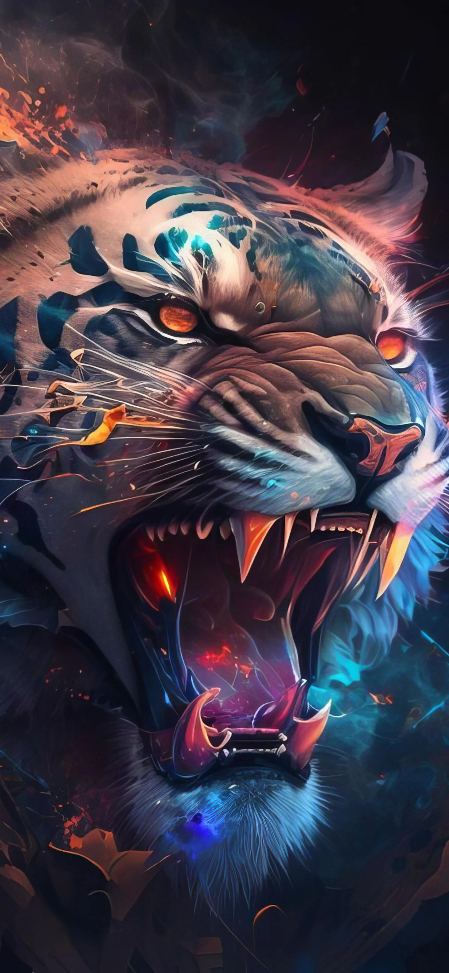 Roaring Tiger Head with Blue Highlights and Black Background