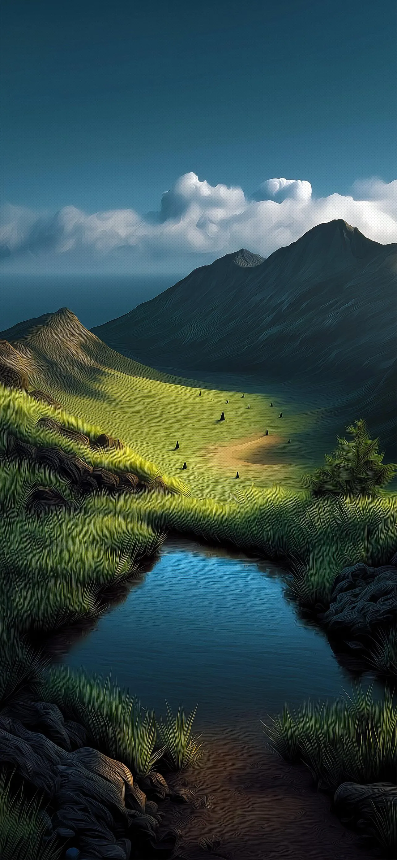 Rolling Green Hills and Lakes in Peaceful Landscape