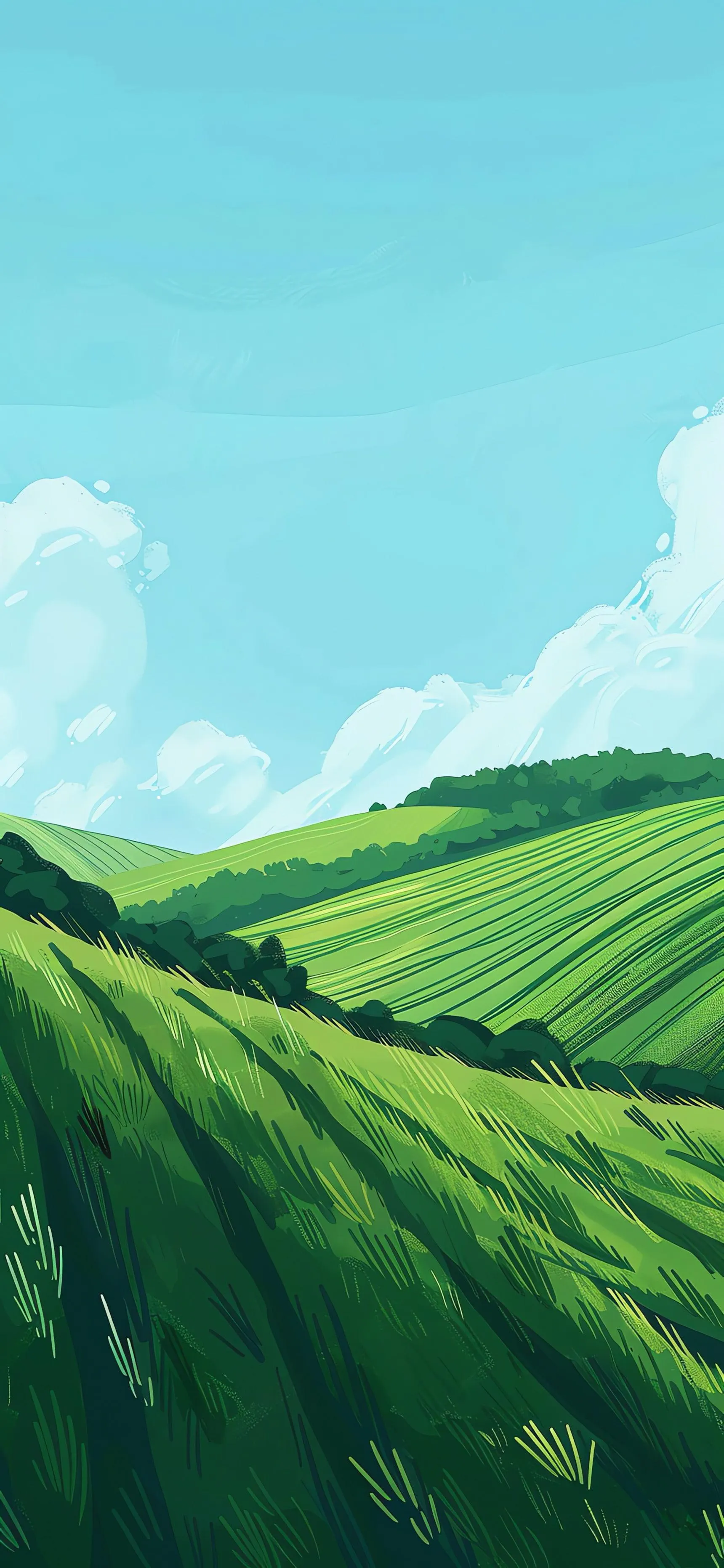 Rolling Green Hills Under Bright Sky in Countryside View