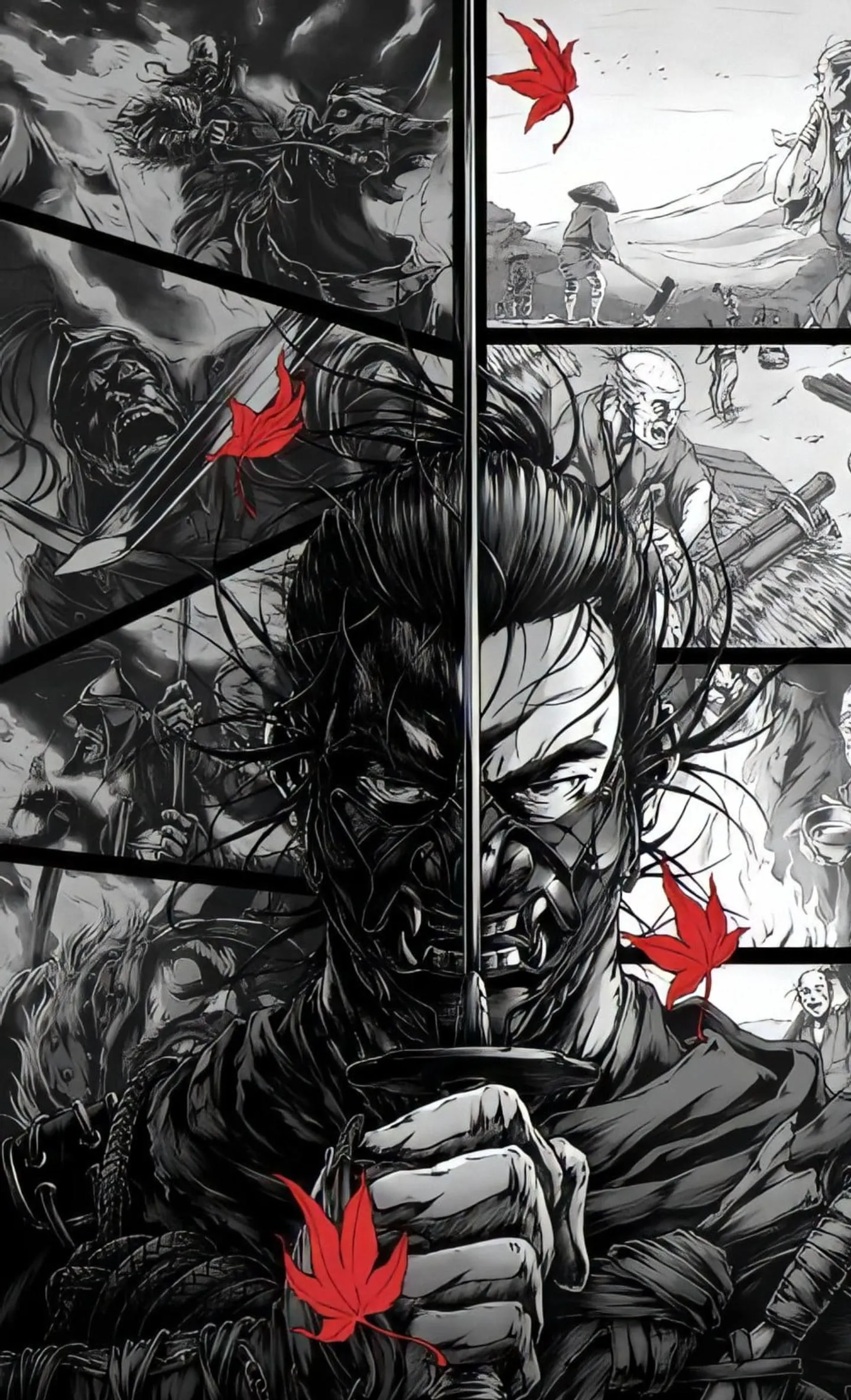 Samurai Holding Sword in Black and White Ink Drawing