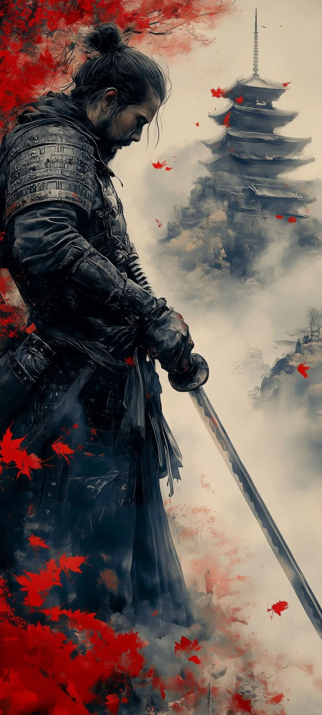 Samurai Warrior Holding Sword with Fog and Red Leaves Mobile