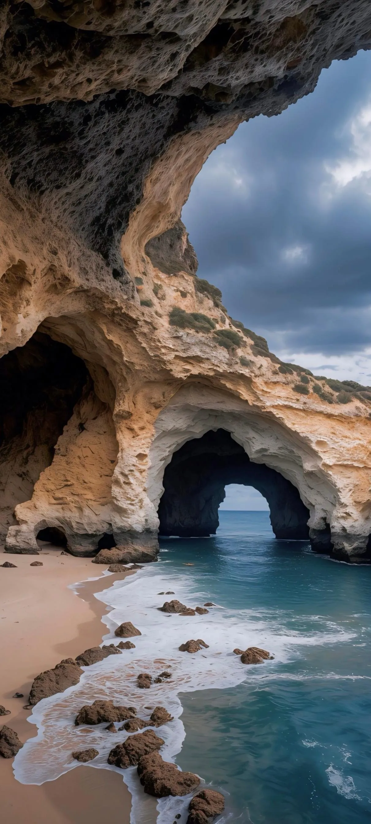 Scenic Coastal Cave with Crystal Blue Water and Sky