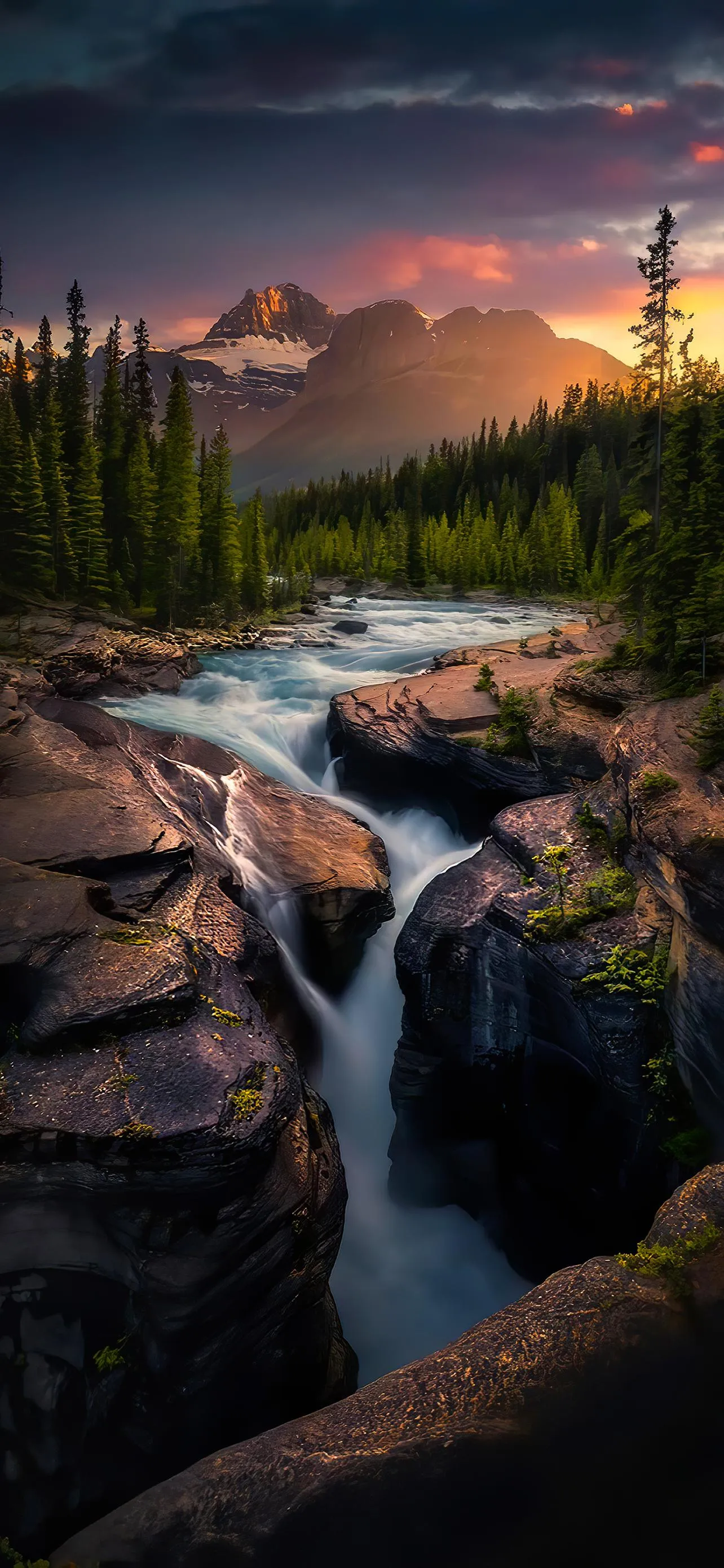 Scenic Mountain River with Trees and Colorful Sunset Mobile
