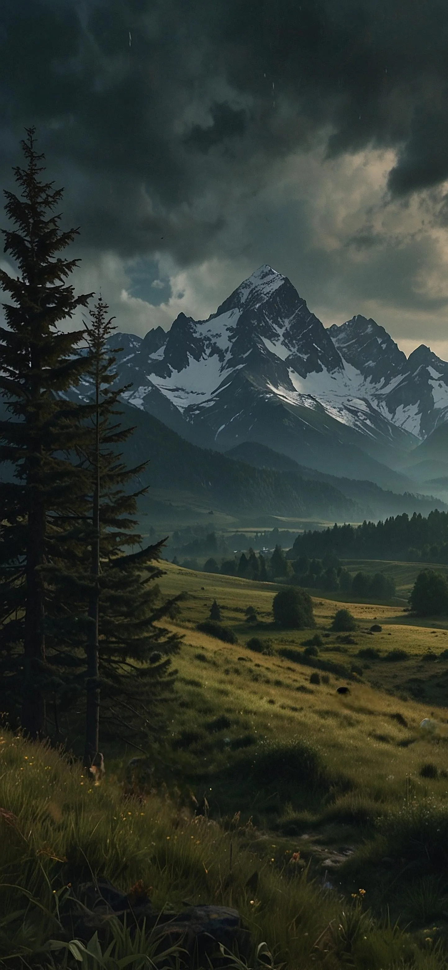 Scenic Mountain Valley View with Pine Trees Wallpaper