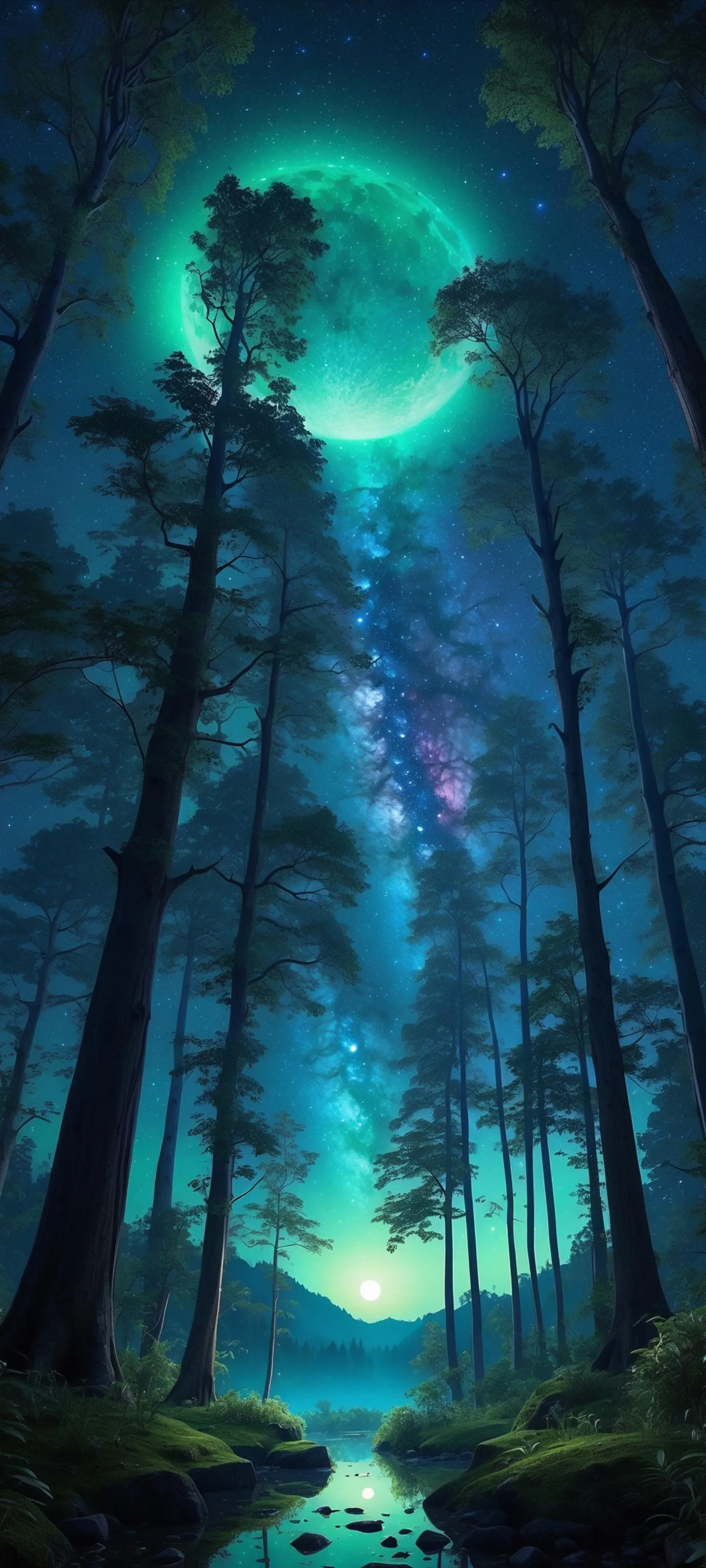 Sci Fi Trees with Glowing Blue Lights in Dark Forest