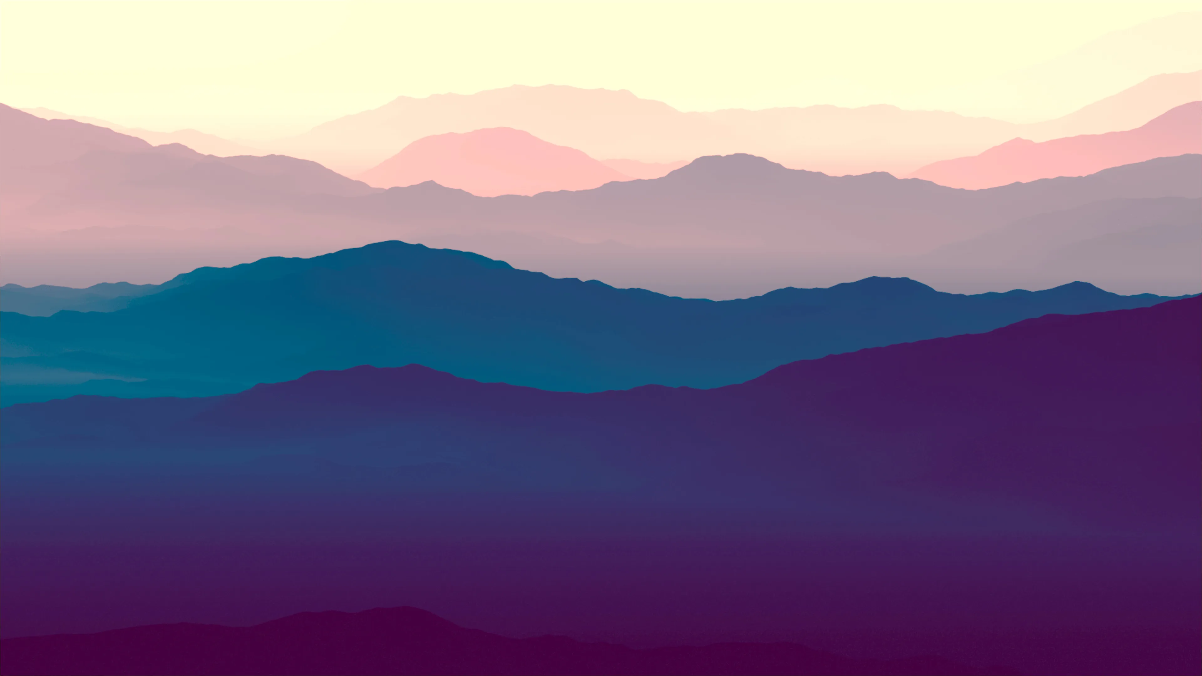 Serene pastel landscape with mountain silhouette layers