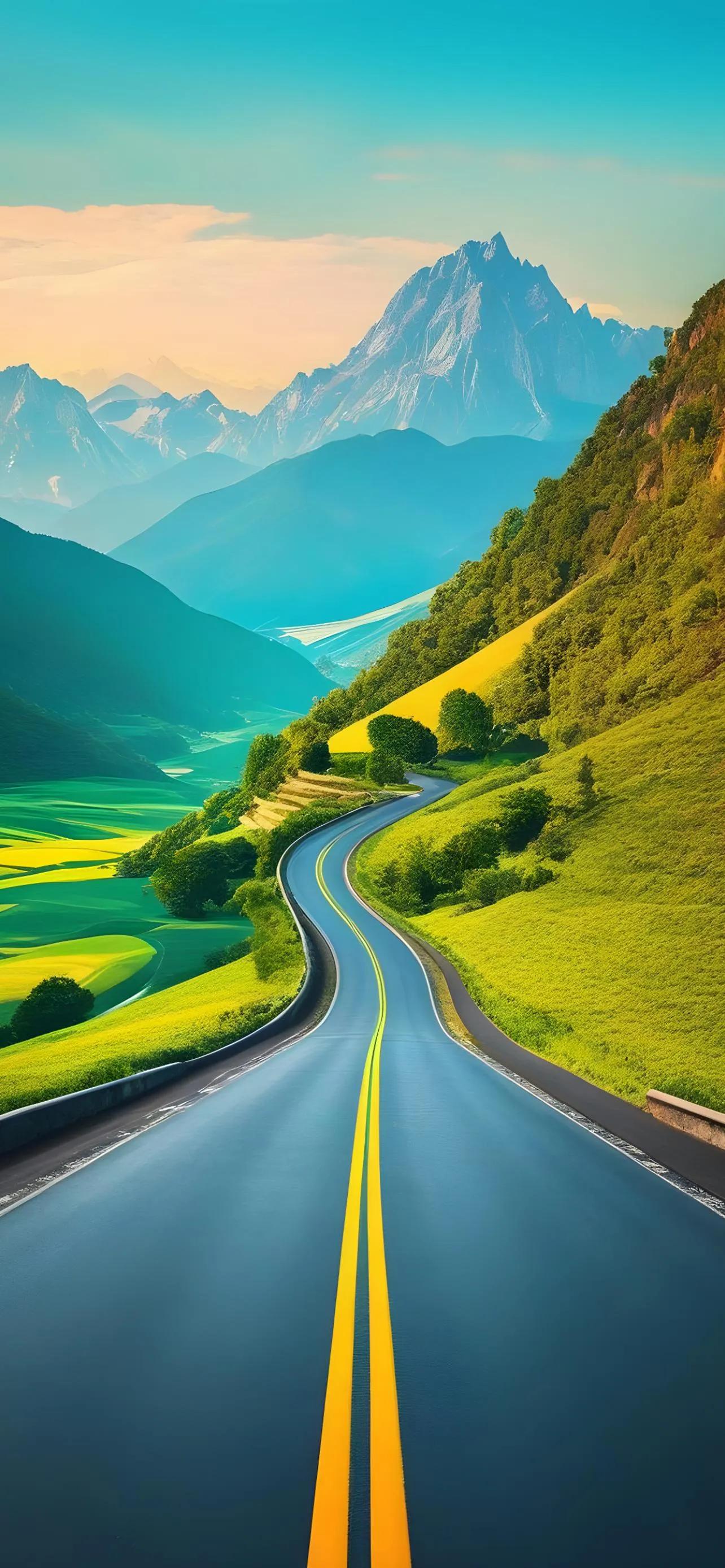 Serene Road Through Green Mountains and Blue Lake Wallpaper