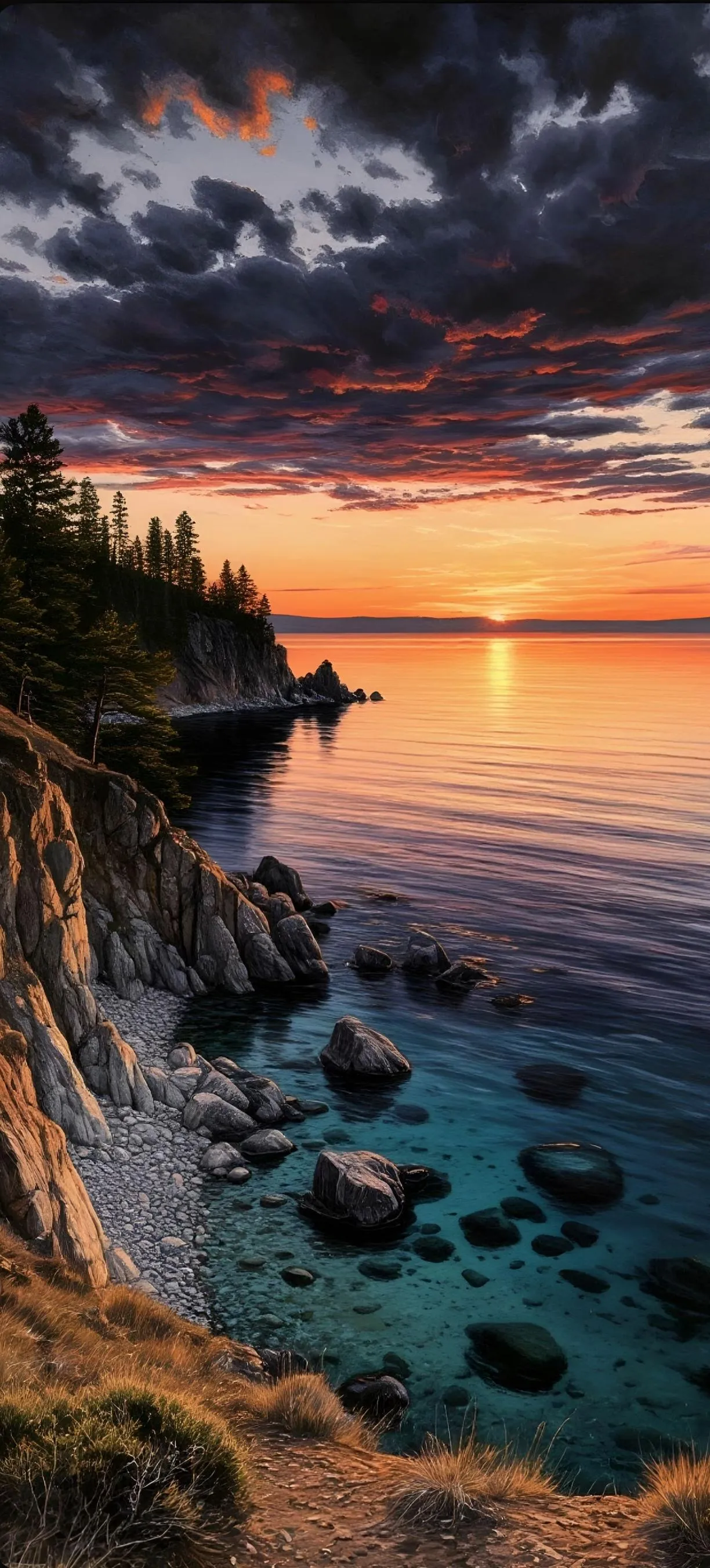 Serene Sunset Coastal View with Crashing Ocean Waves