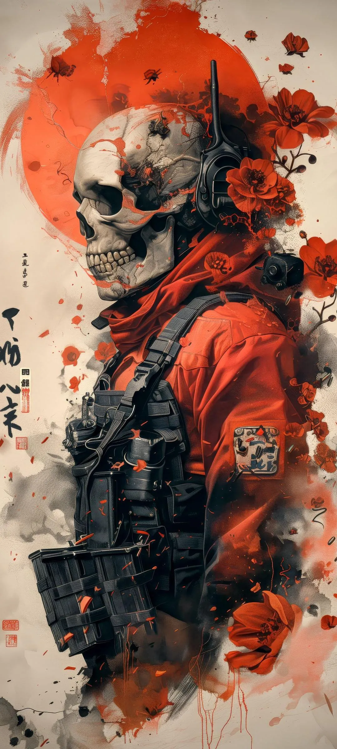 Skull Soldier with Red Flowers in a Striking War Theme