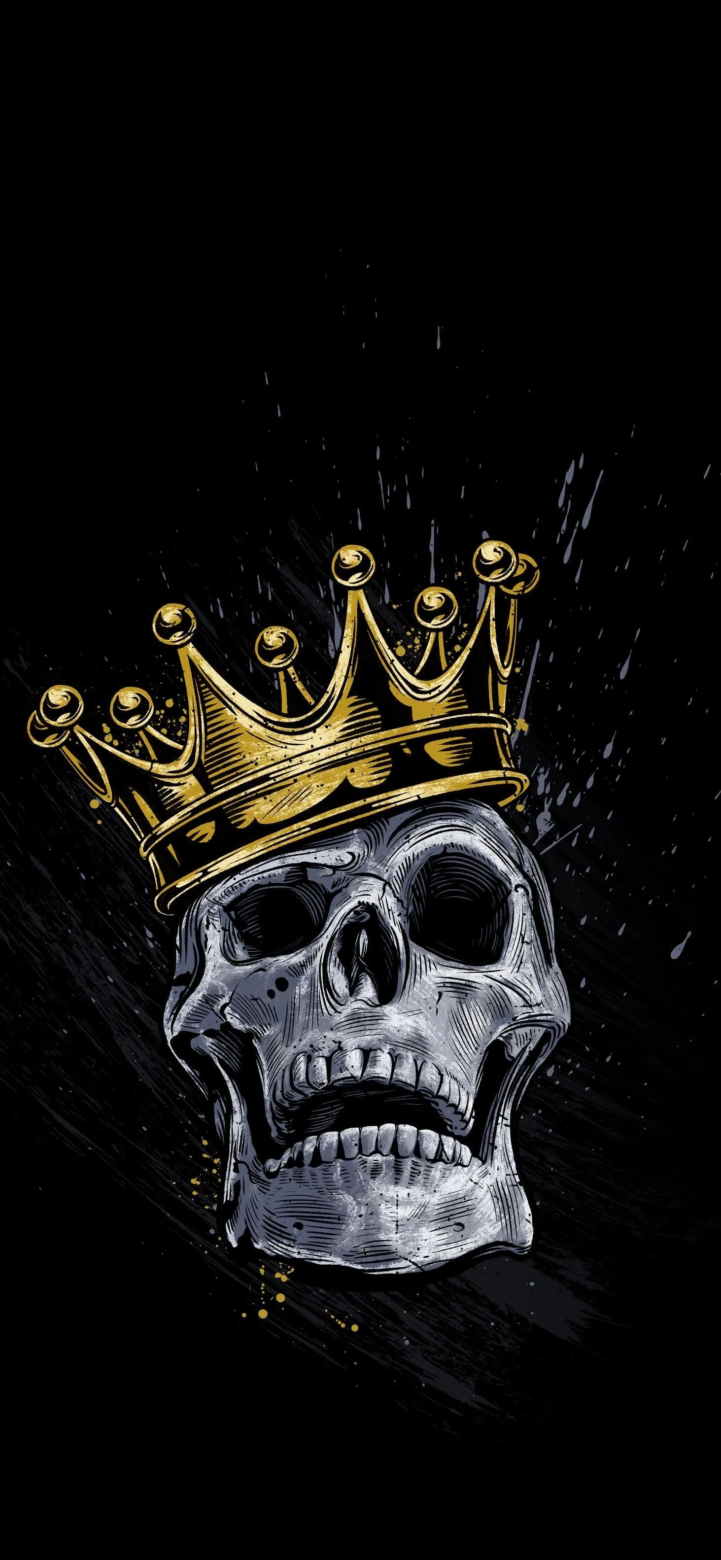 Skull Wearing Golden Crown on Dark Black Background