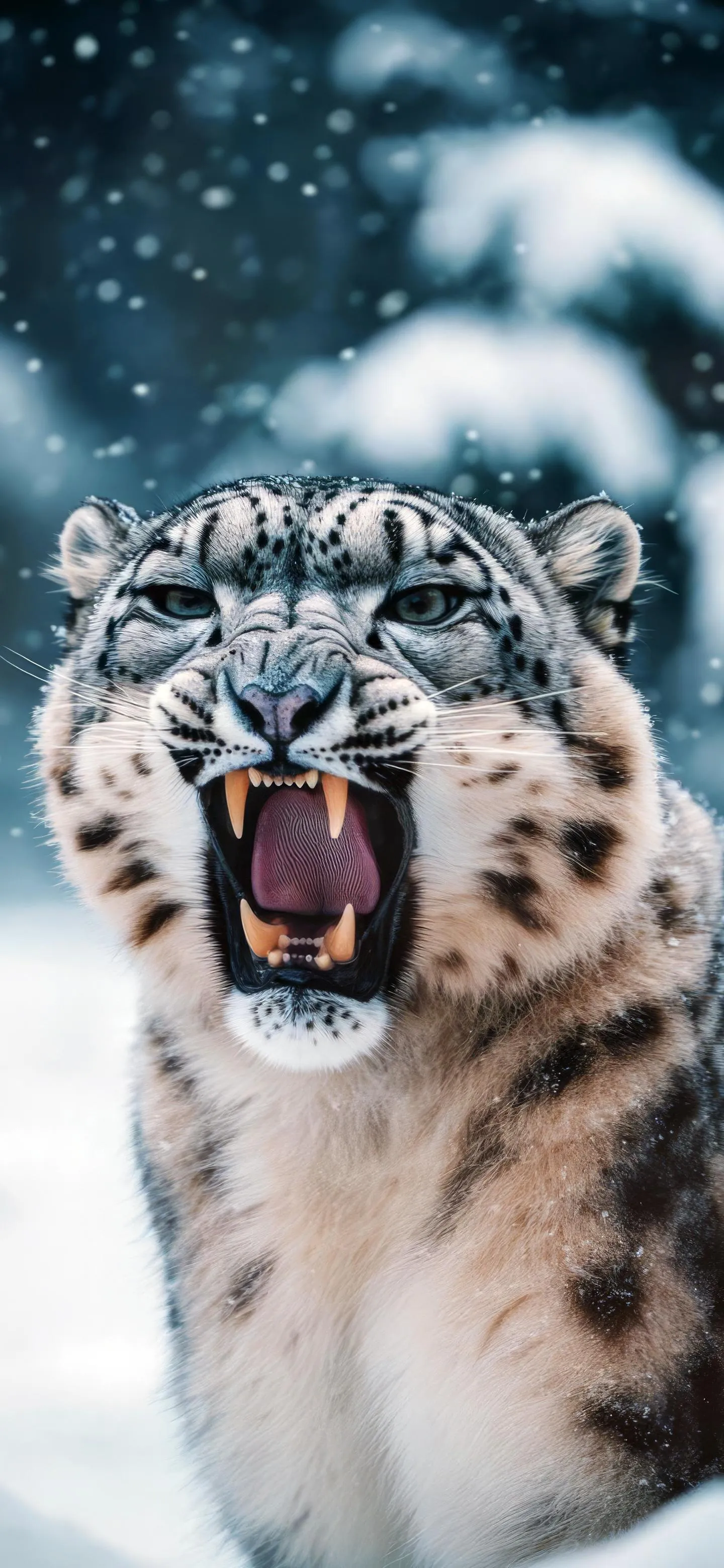 Snow Leopard Growling in Winter Forest Wallpaper HD