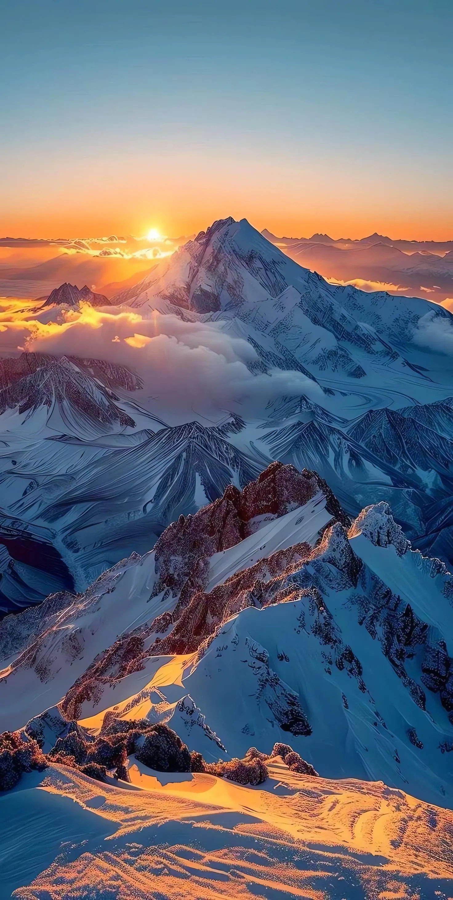 Snowy Mountain View with Glowing Morning Light Wallpaper
