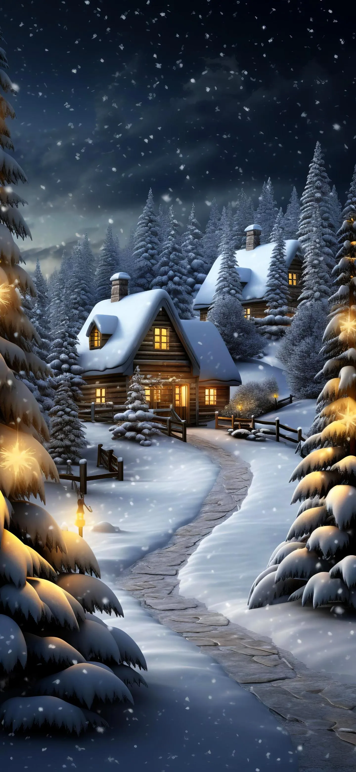 Snowy Night Path with Stars and Winter Trees Wallpaper