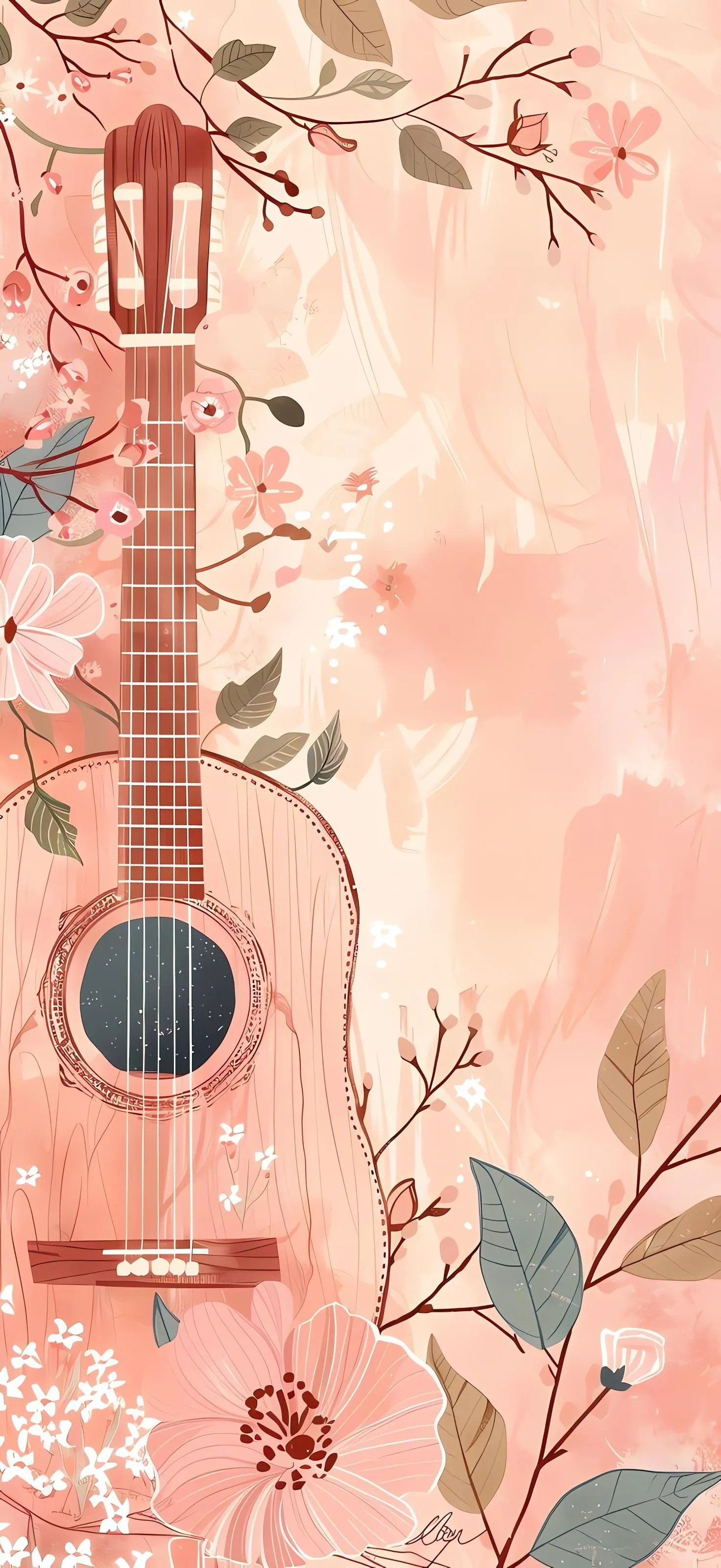 Soft pastel floral guitar illustration with blossoms