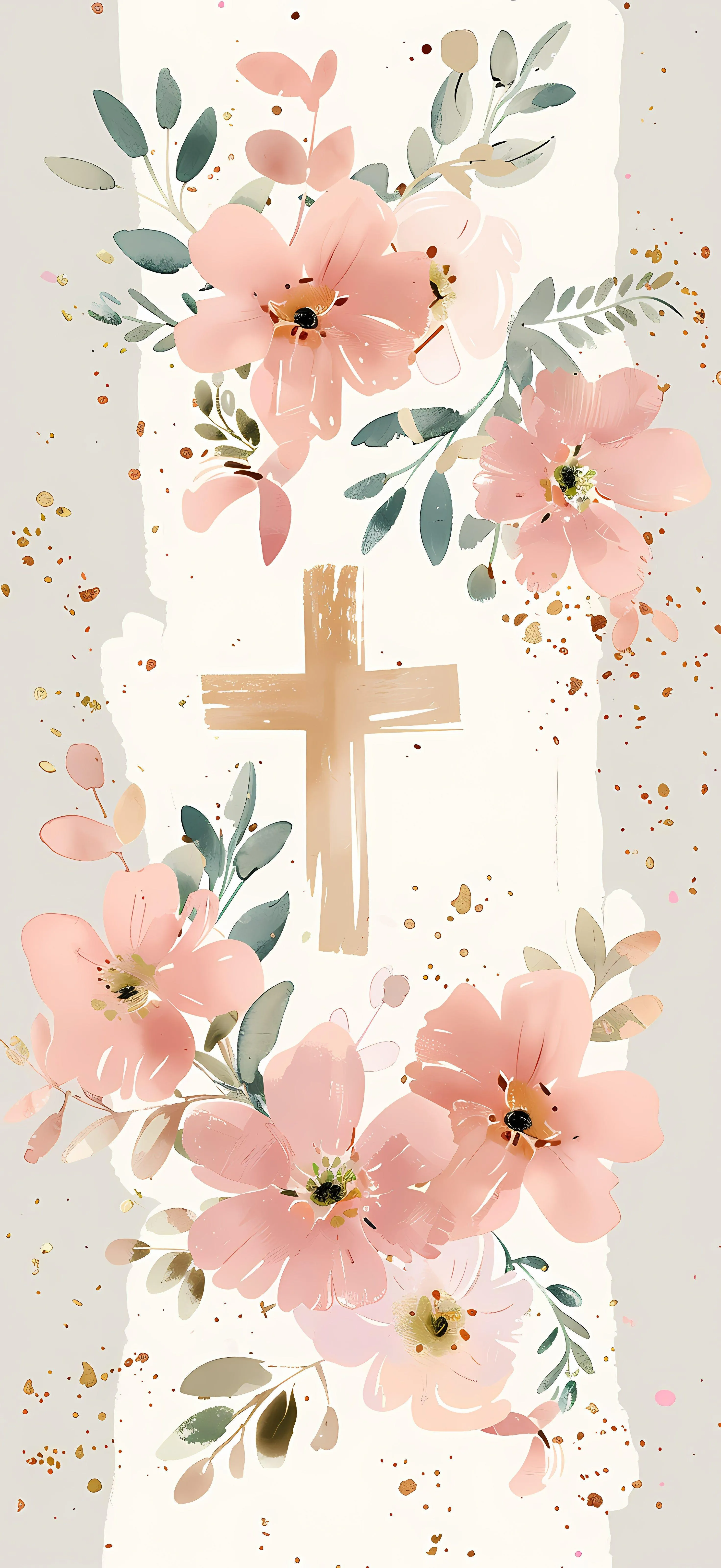 Soft pink flowers with leaves and a golden cross at center