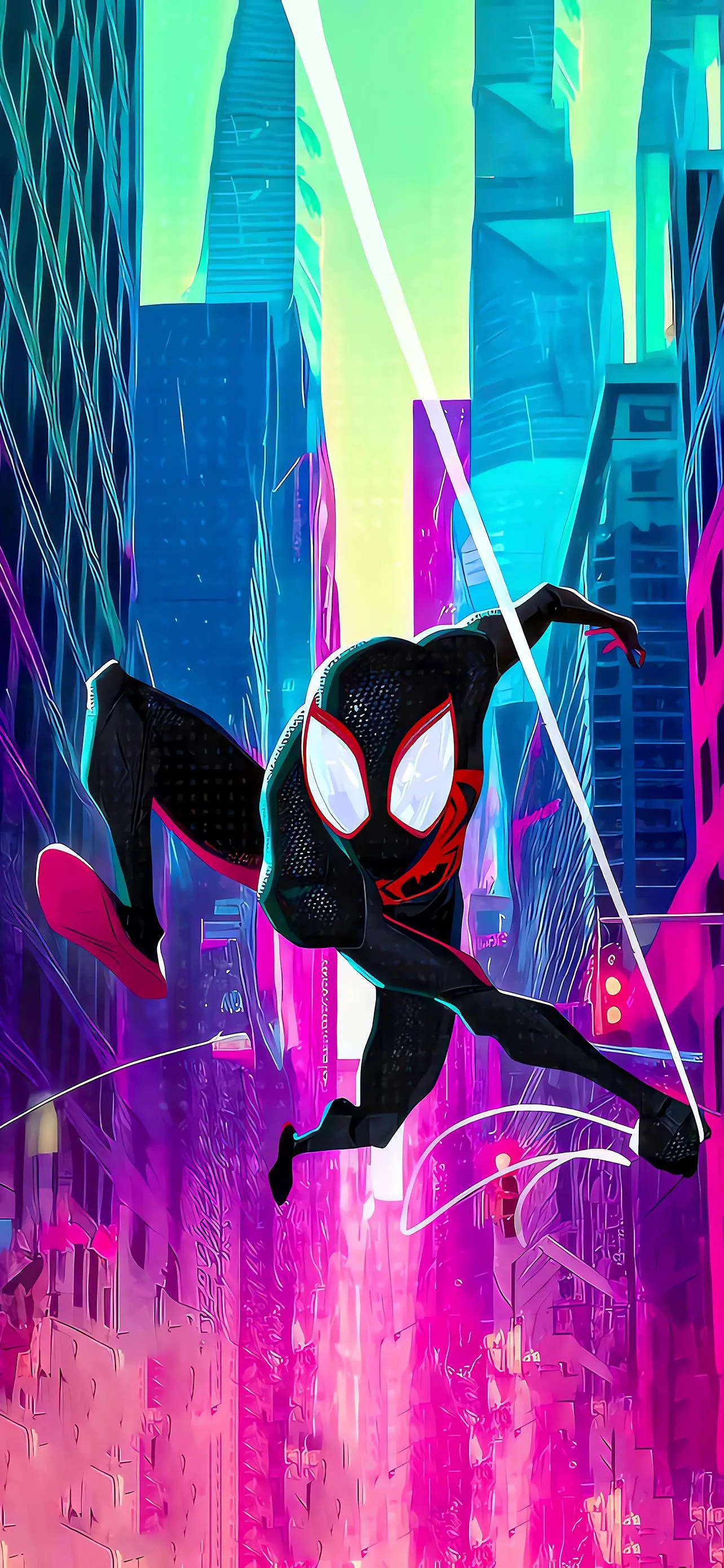 Spider Hero Swinging Through Neon City Streets in Action