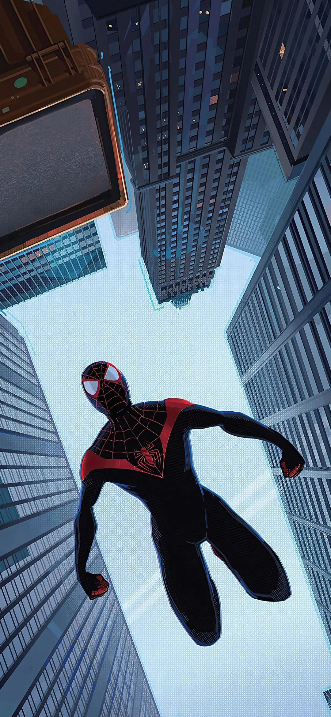 Spider Man Swinging Between Tall Skyscrapers in City